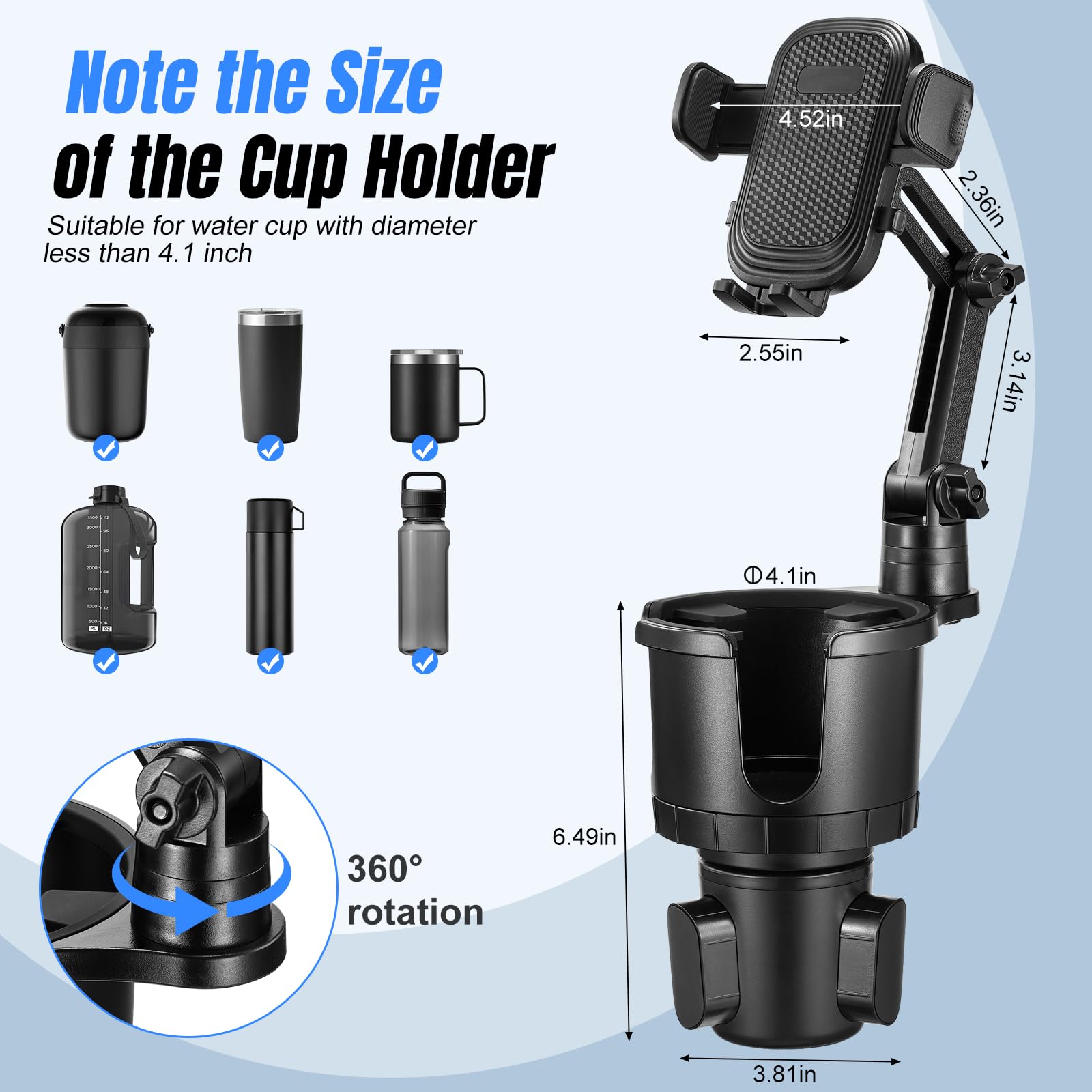 Cup Holder Phone Mount For Car,Upgraded 2 In 1 Car Cup Phone Holder Expander With Adjustable Base,360 Degree Rotation,This Hill