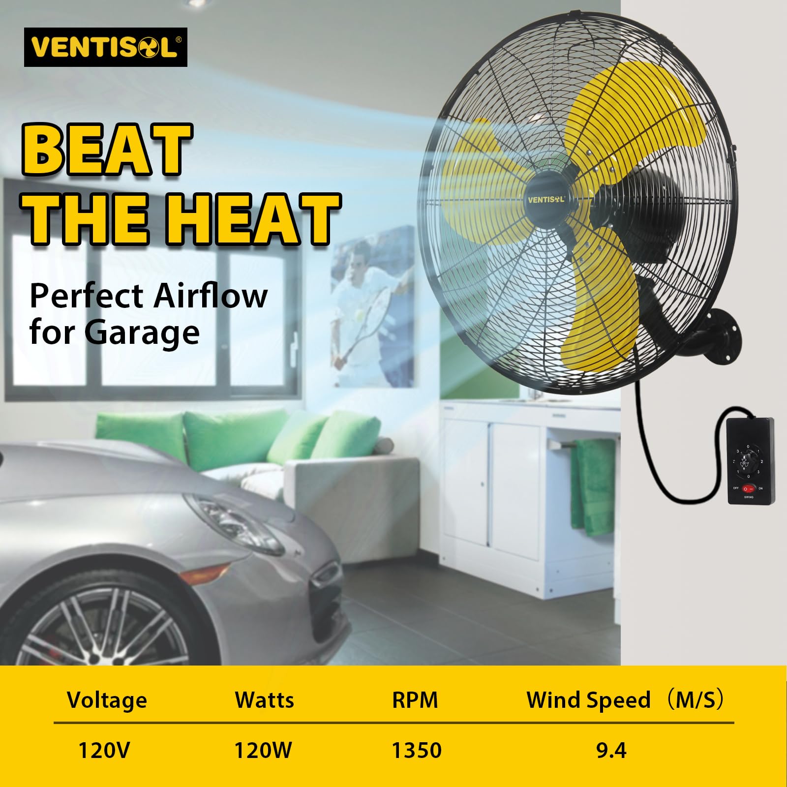 Ventisol 20 Inch High Velocity Oscillation Wall Mounted Fan For Porch, Greenhouse,Workshop,Home, Patio, 3 Speed Wall Fan Oscilla