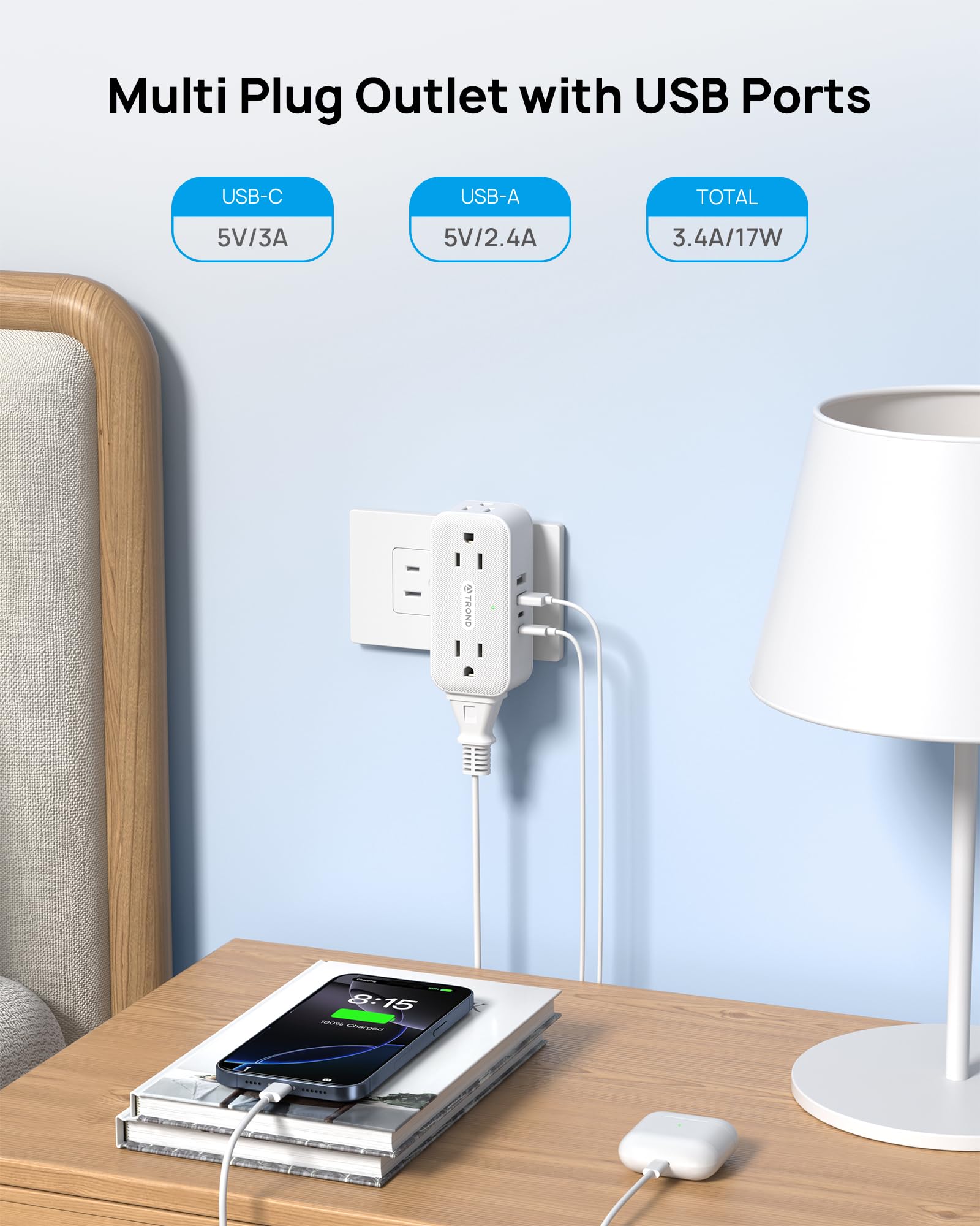 Trond Outlet Extender With 360 Rotating Plug, Plug Adapter With 4 Electrical Sockets And 4 Usb Ports, 900 Joules Surge Protectio