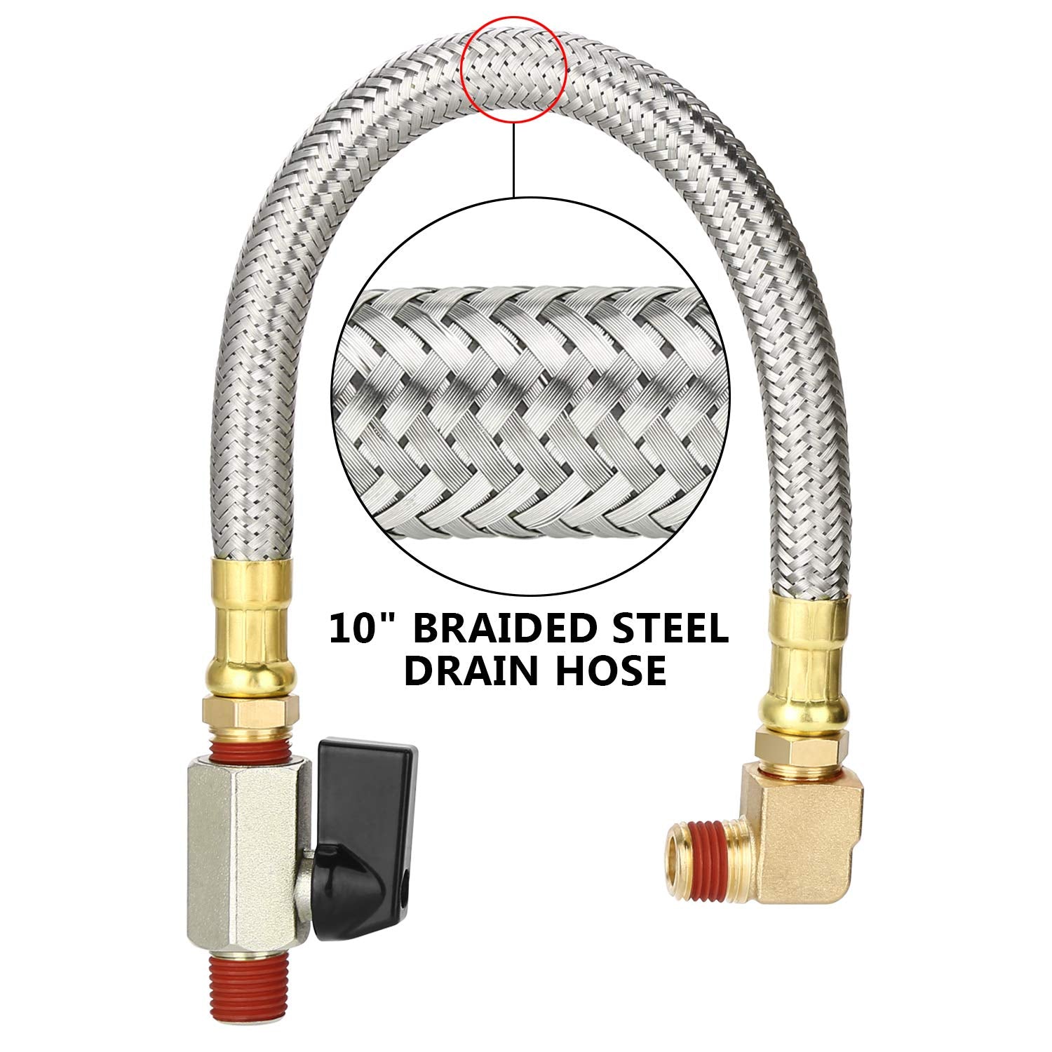 Hk Extended Tank Drain Assembly Kit With 10 Inch Braided Steel Hose 1/4 Inch Drain Valve And Elbow Fitting For Air Compressor