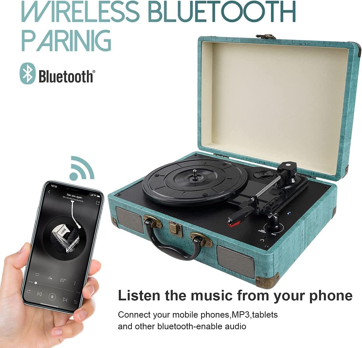 Mersoco Bluetooth Record Player Turntable 3 Speed Vinyl-to-MP3 Recording Suitcase Blue Plastic