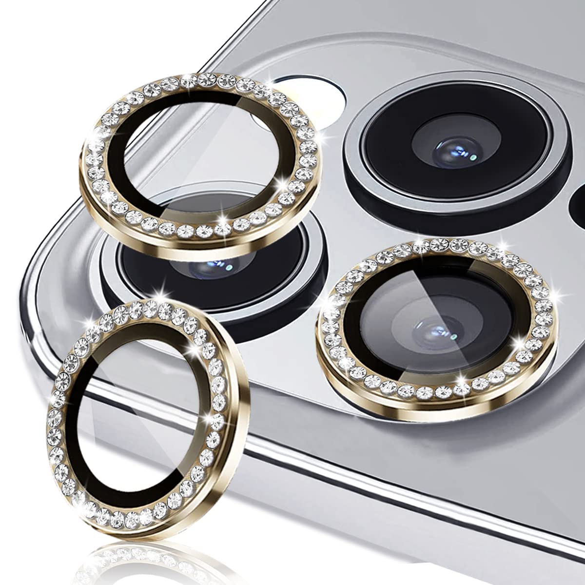 Tiuyao Diamond Camera Lens Protector For Iphone 14 Pro 6.1'& Iphone 14 Pro Max 6.7', Tempered Glass Camera Lens Protector Bling Ring Lens Cover For Iphone 14 Pro/Iphone 14 Pro Max (Diamond Gold)