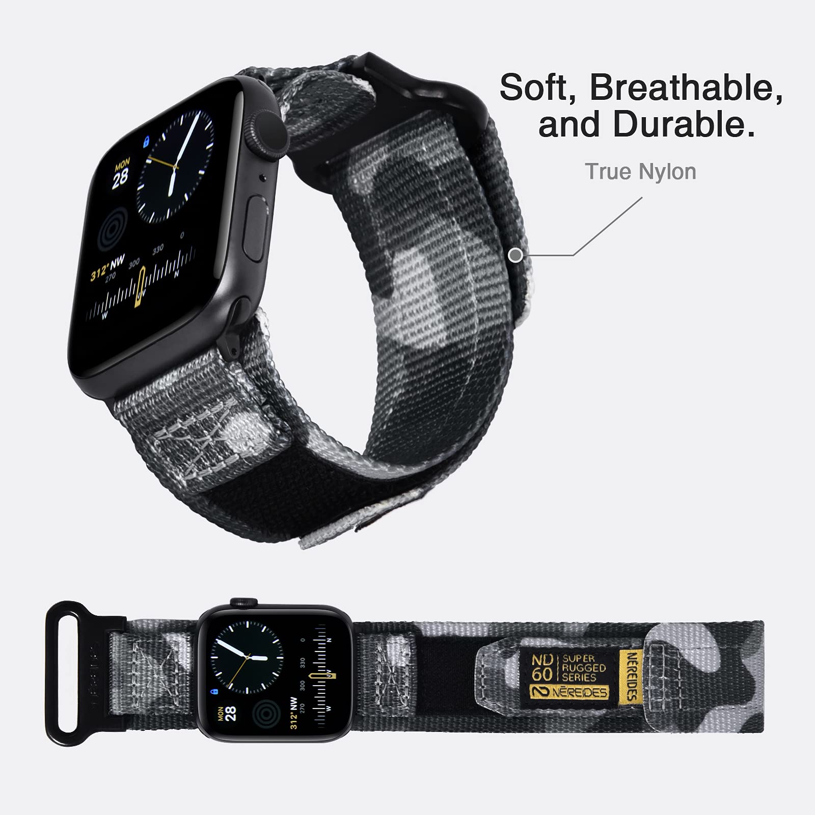 Nereides Compatible With Apple Watch Band Ultra 1/2, Nylon Sports Strap With Woven Design For 49Mm (L, Grey Camo)