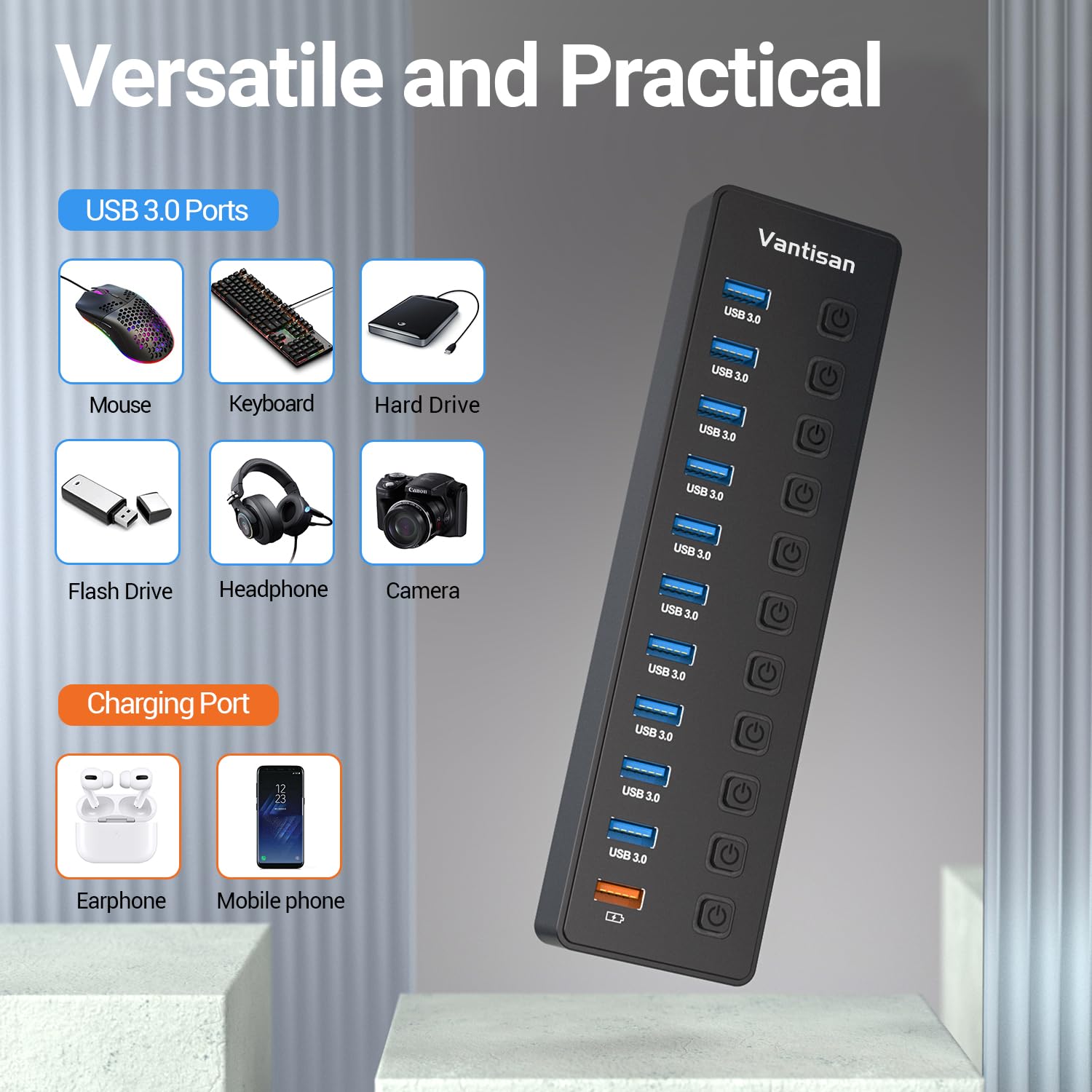 Powered Usb Hub, 11 Port Usb 3.0 Hub Splitter   10 Usb 3.0 Data Transfer Ports + 1 Smart Charging Port, Usb Hub 3.0 Powered With