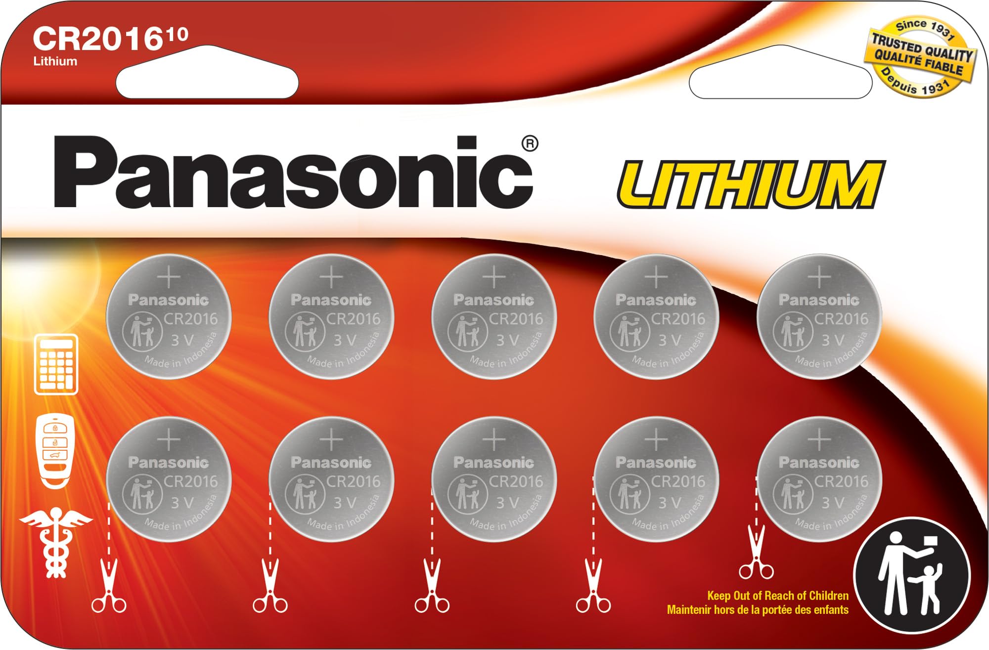 Panasonic Cr2016 3.0 Volt Long Lasting Lithium Coin Cell Batteries In Child Resistant, Standards Based Packaging, 10 Battery Pac