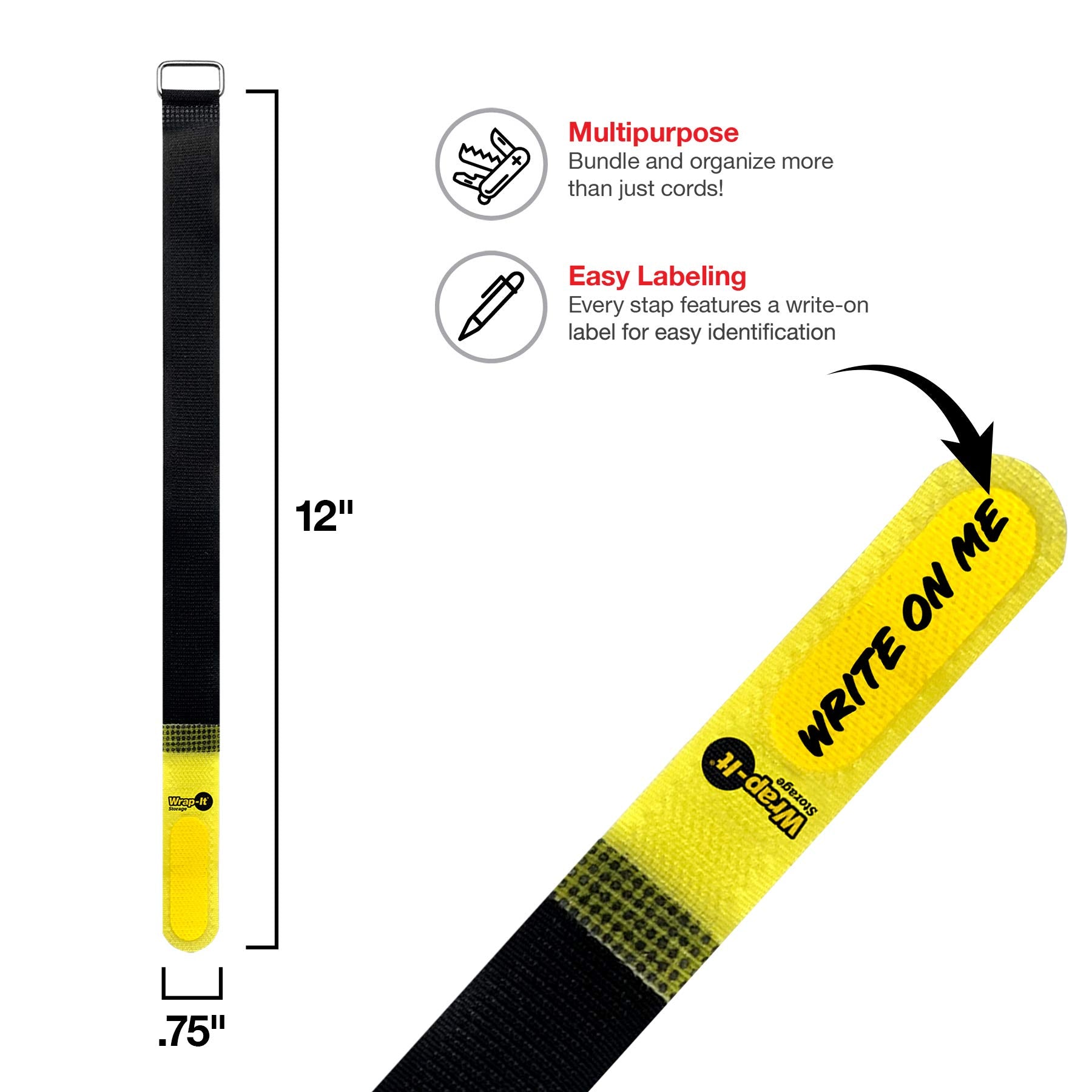 Wrap It Storage Hook And Loop Cinch Straps 12'' 16 Pack (Yellow/Black) With Write On Label For Easy Cord Identification And Cabl