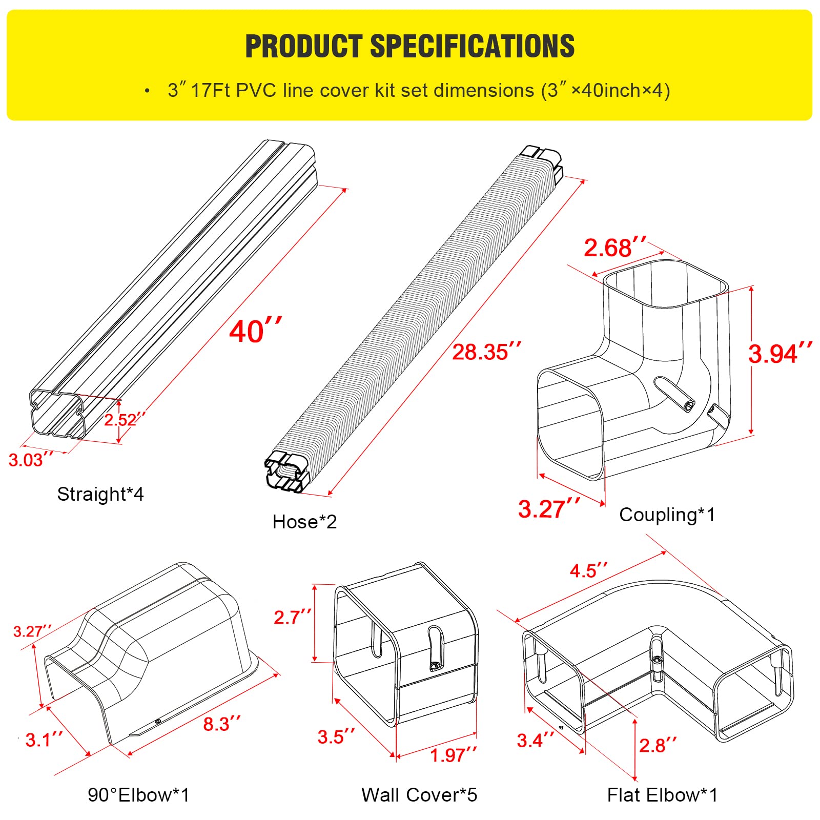 Dwale 3'' 17Ft Pvc Decorative Line Set Cover Kit, Mini Split Line Set Cover,For Ductless Mini Split Air Conditioner And Central