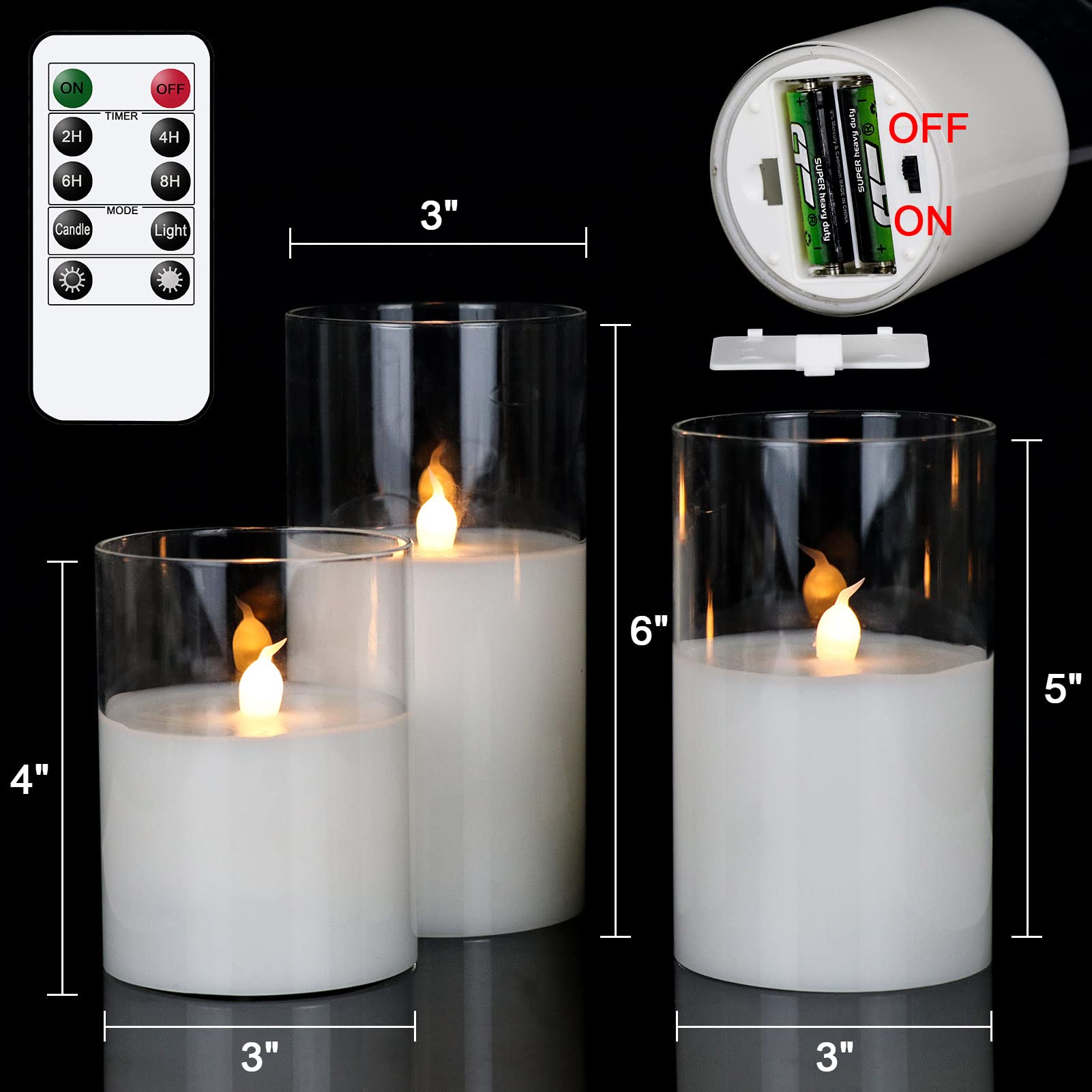 Genswin Clear Glass Battery Operated Flameless Led Candles With 10 Key Remote And Timer, Real Wax Candles Warm White Flickering