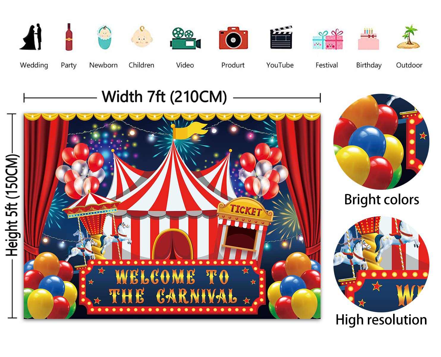 7X5Ft Carnival Circus Backdrop Circus Tent Party Backdrop Carousel Ticket Booth Background Child Kid Boy Baby 1St Birthday Carni