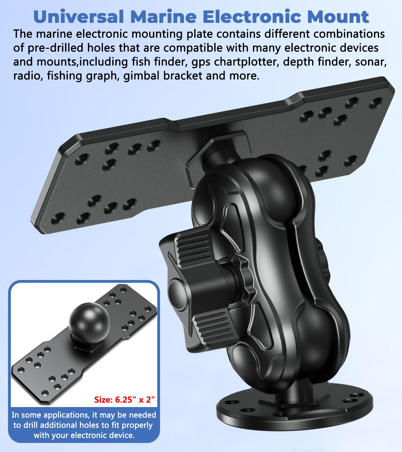 Vazeswin Aluminum Alloy Fish Finder Mount With C Size 1.5'' Ball Rectangle Plate & Round Base, 3.5'' Short Arm Marine Electronic