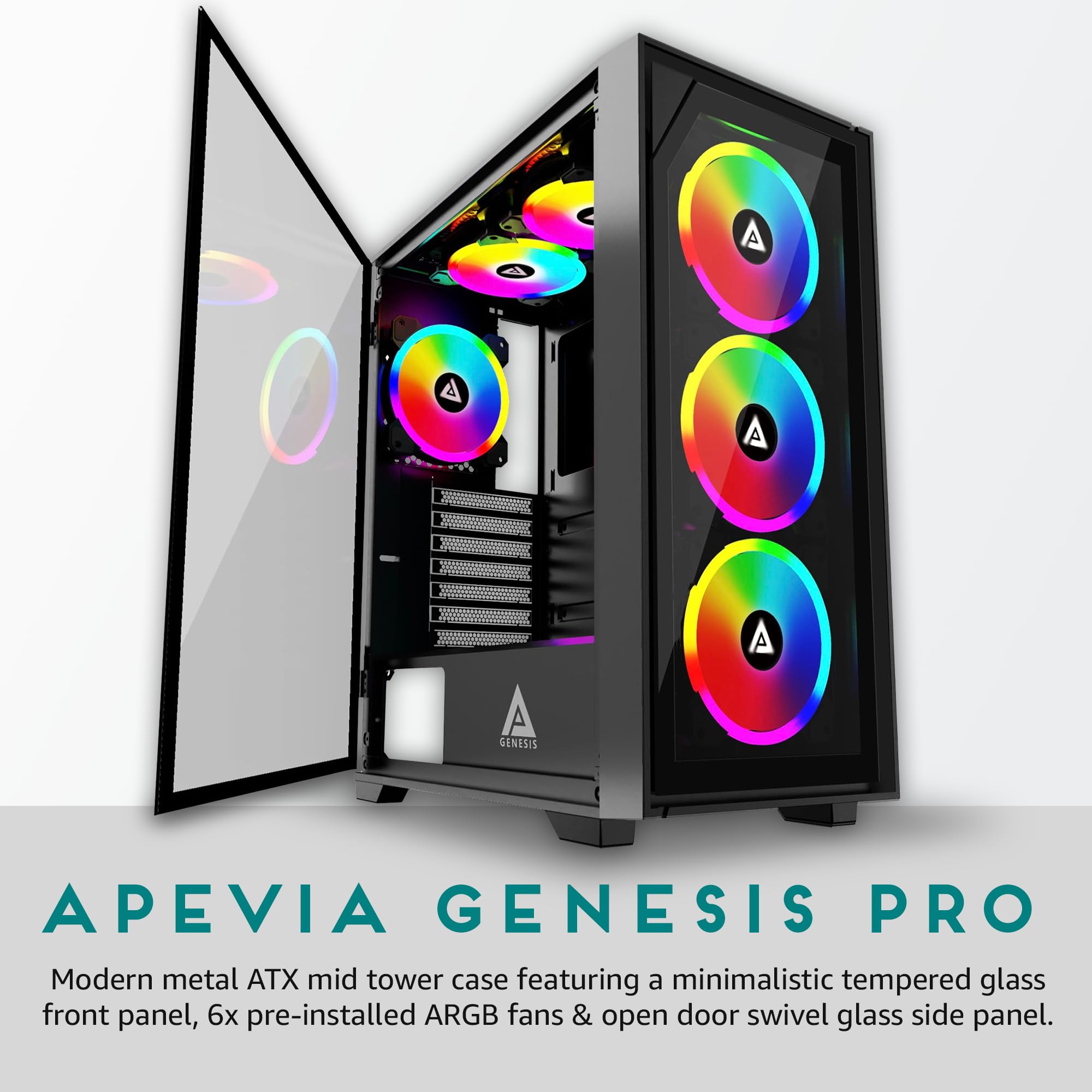 Apevia Genesis Pro G Pro Bk Mid Tower Gaming Case With 2 X Tempered Glass Panel, Top Usb3.0/Usb2.0/Audio Ports, 6 X Rgb Fans, Bl