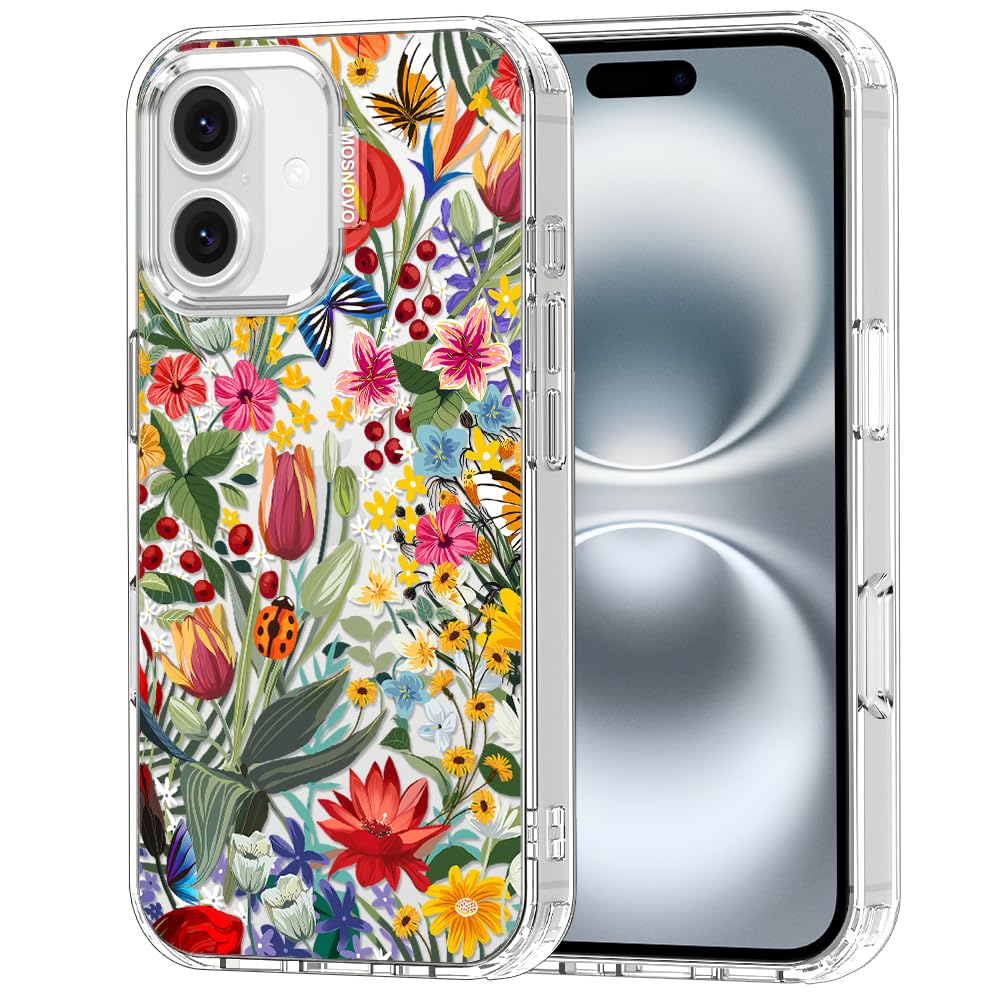 MOSNOVO for iPhone 16 Case | Military Grade 6.6ft Drop Tested | Clear with in The Garden Design