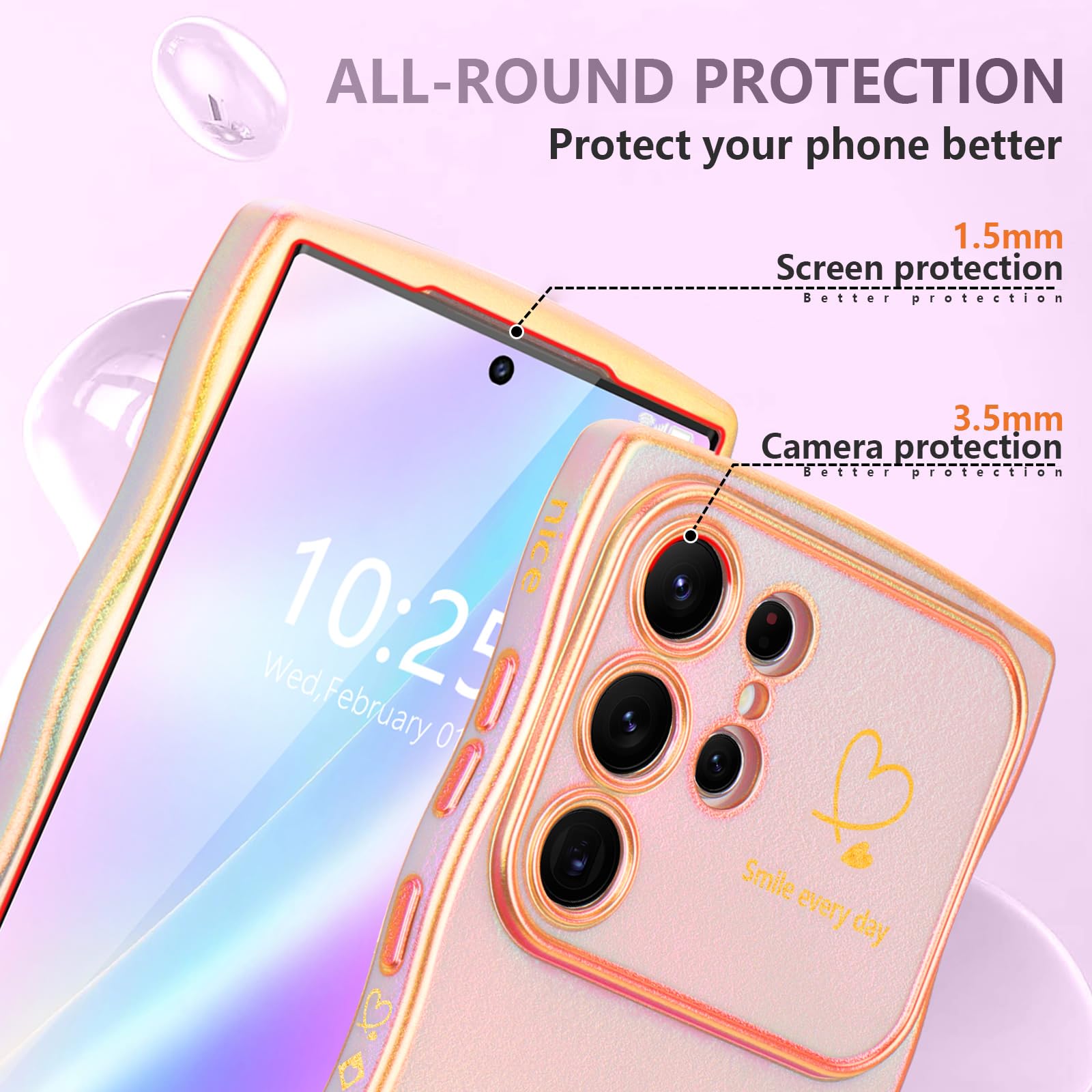 Lchulle For Samsung Galaxy S24 Ultra Case For Women Girls, Cute Wave Frame Curly Shape With Love Heart Camera Protection Luxury