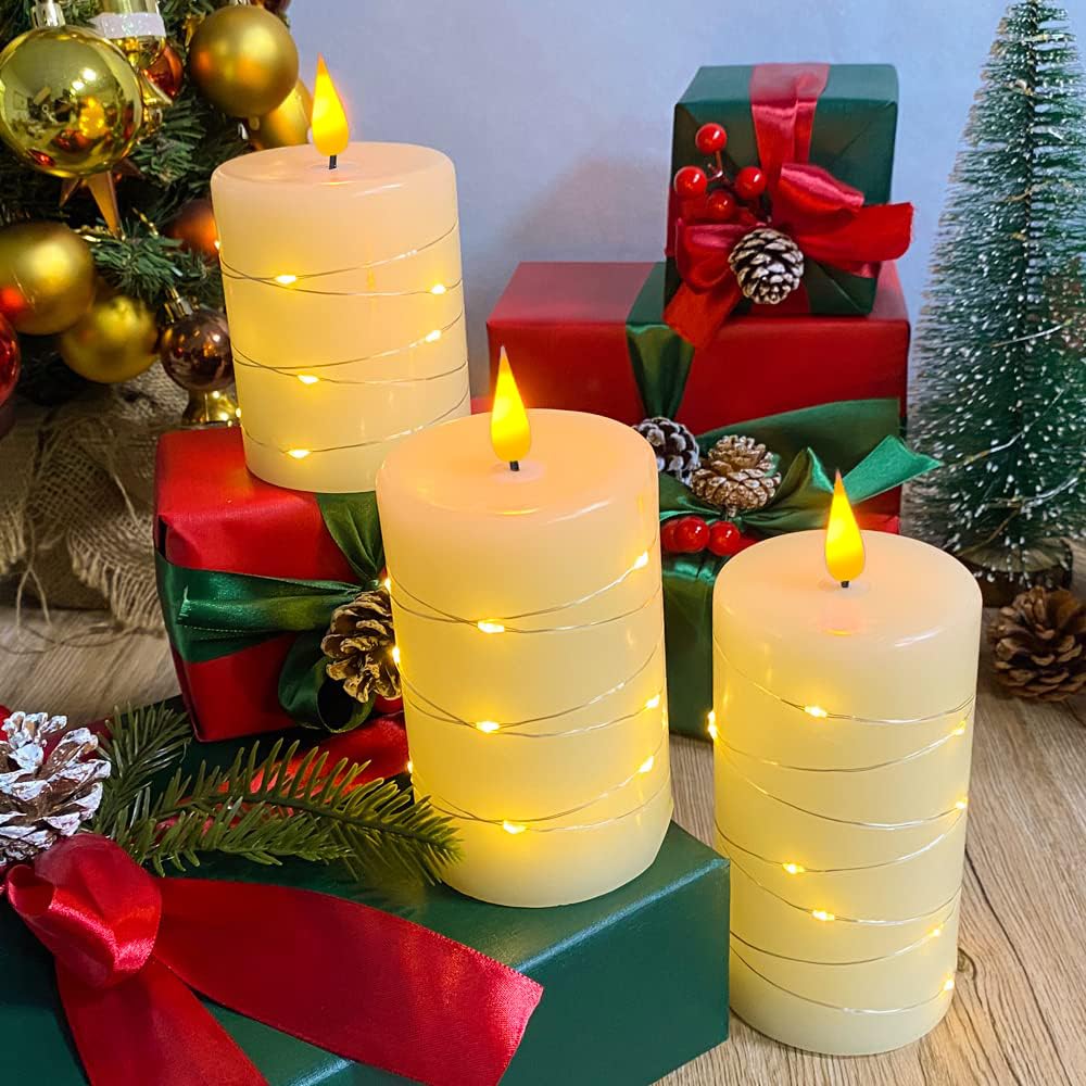 Ledholyt Rechargeable Flameless Candle, Flickering Led Pillar Real Wax Candle With Fairy Lights, Remote Control And Timer, Upgra