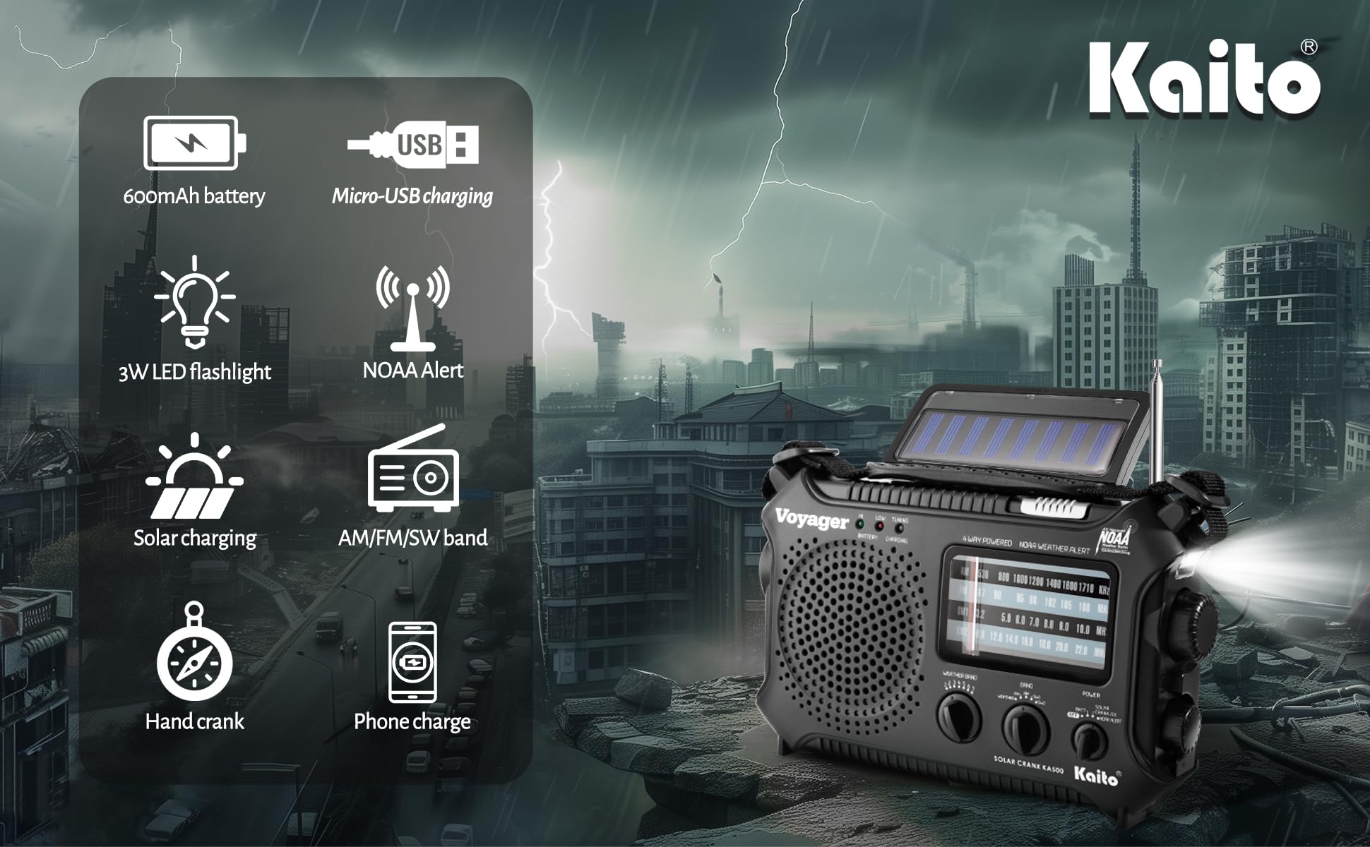 Kaito Ka500 5-Way Powered Emergency Am/Fm/Sw Noaa Weather Alert Radio With Solar,Dynamo Crank,Flashlight And Reading Lamp, Color