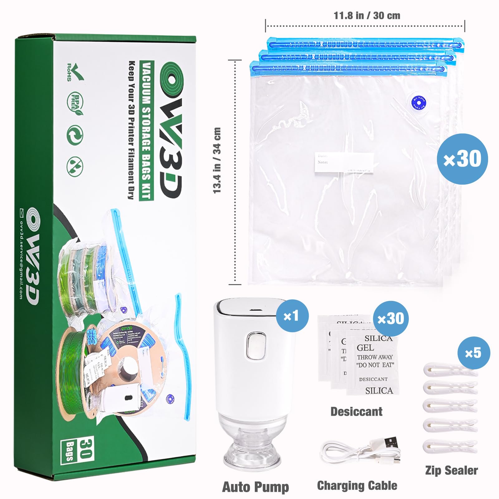 Ovv3D Filament Storage Bags Kit 66Pcs, 3D Printer Filament Storage 30 Bags Auto Pump With 30 Desiccants