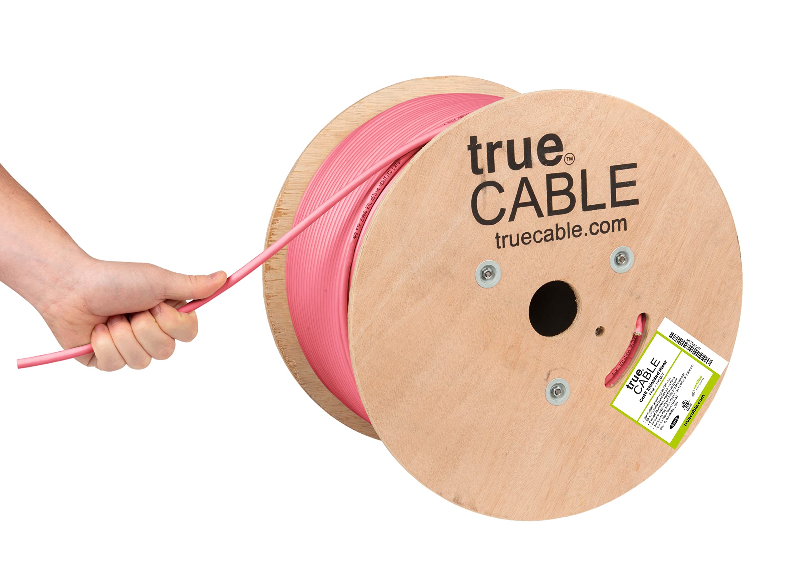 Truecable Cat6 Shielded Riser (Cmr), 1000Ft, Pink, 23Awg Solid Bare Copper, 550Mhz, Poe++ (4Ppoe), Etl Listed, Overall Aluminum Foil Shield (F/Utp), Bulk Ethernet Cable