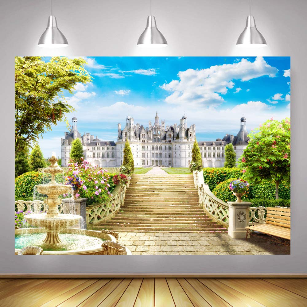 Capisco 7X5Ft Castle Stairs Backdrop Vinyl Photography Studio Background Outdoor Fountain Blue Sky White Clouds Wedding Party De