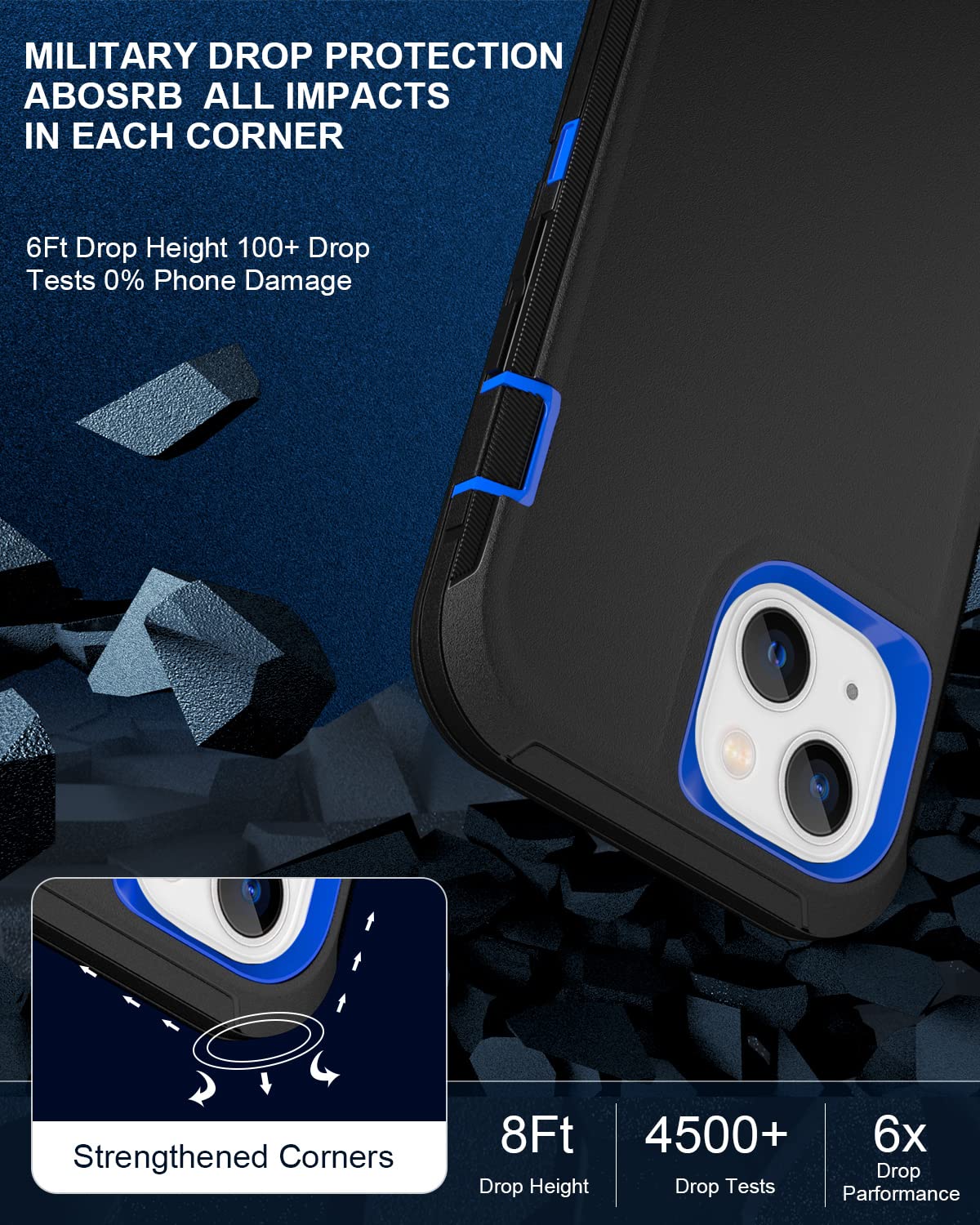 DHCALL iPhone 13 Heavy Duty Military-Grade Drop Protection Phone Case with 2 Tempered Glass Screen Protectors PC TPU Black Blue 6.1"