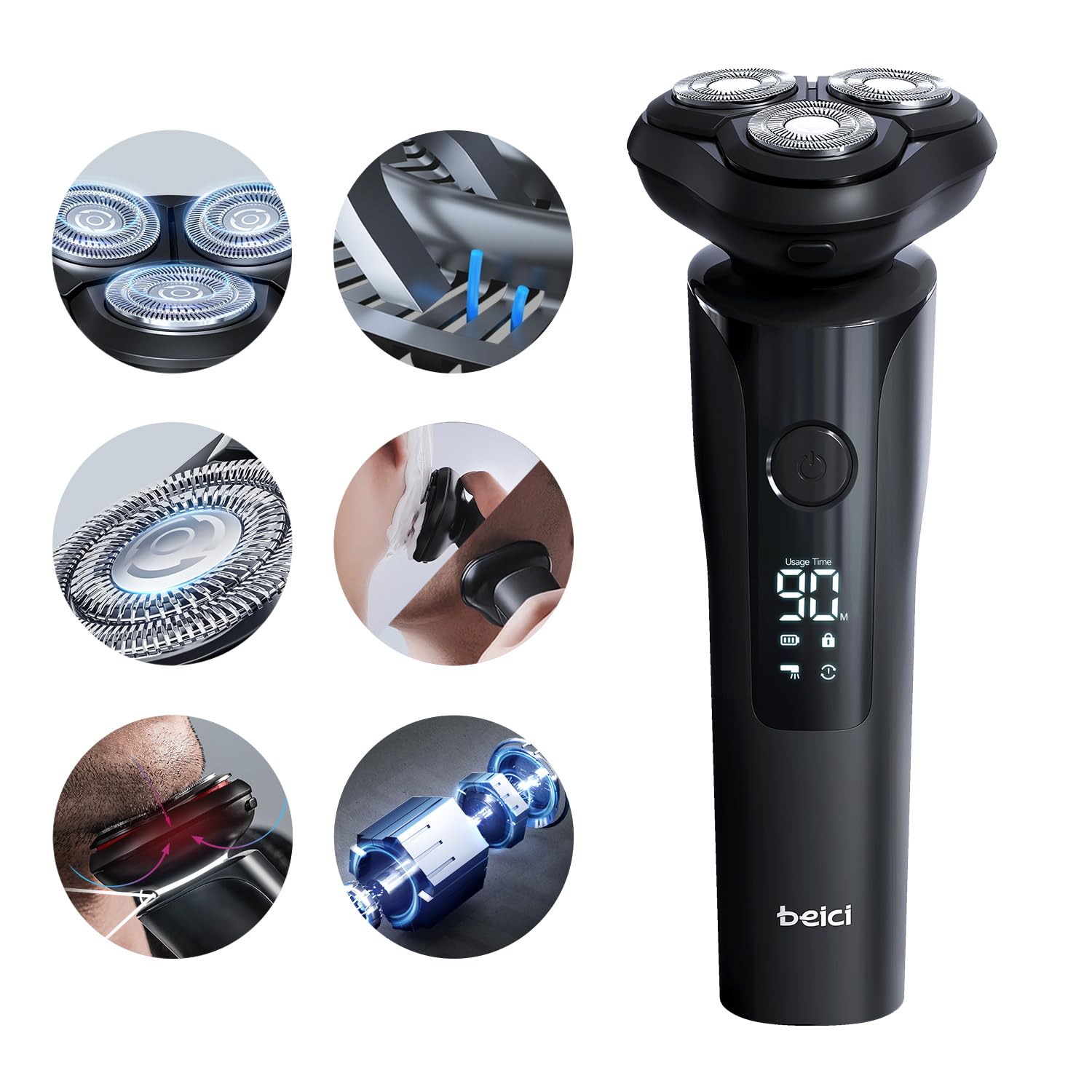 Men'S Shaver Electric Rotary Razor 3D Floating Cutter Head One Hour Type C Fast Charge Waterproof Razor With Led Display Wet Dry