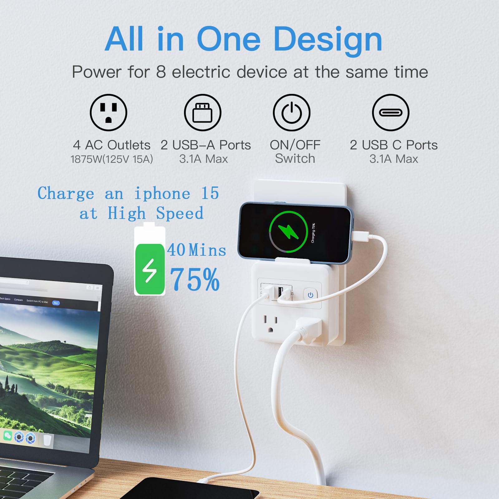 Multi Plug Outlet Extender With Usb   Surge Protector Splitter 4 Usb Wall Charger   Multi Plug Outlet Splitter,Widely Spaced Out