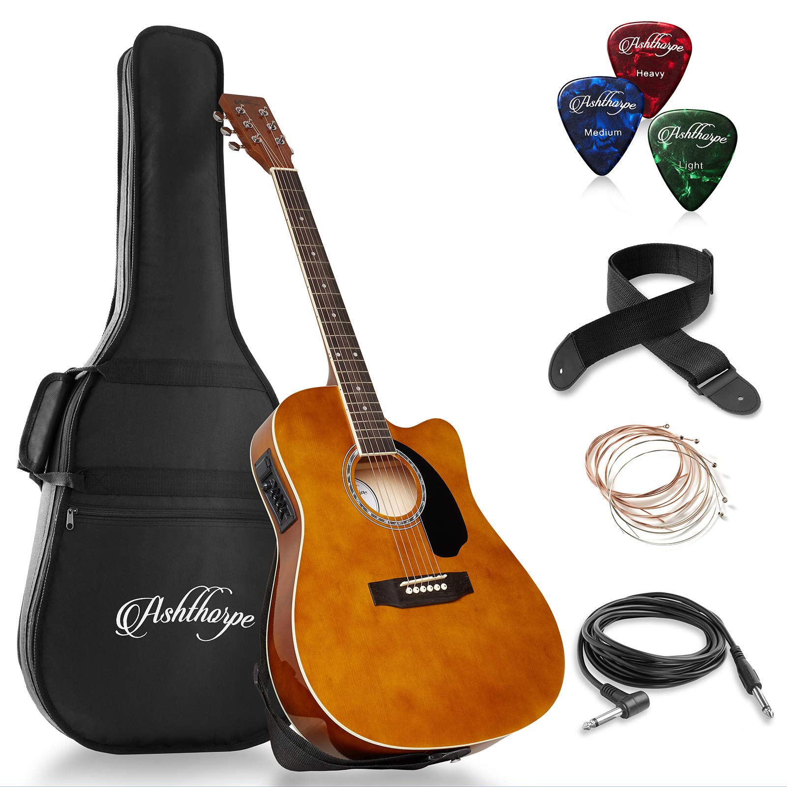 Ashthorpe Full Size Cutaway Thinline Acoustic Electric Guitar Package   Premium Tonewoods   Brown