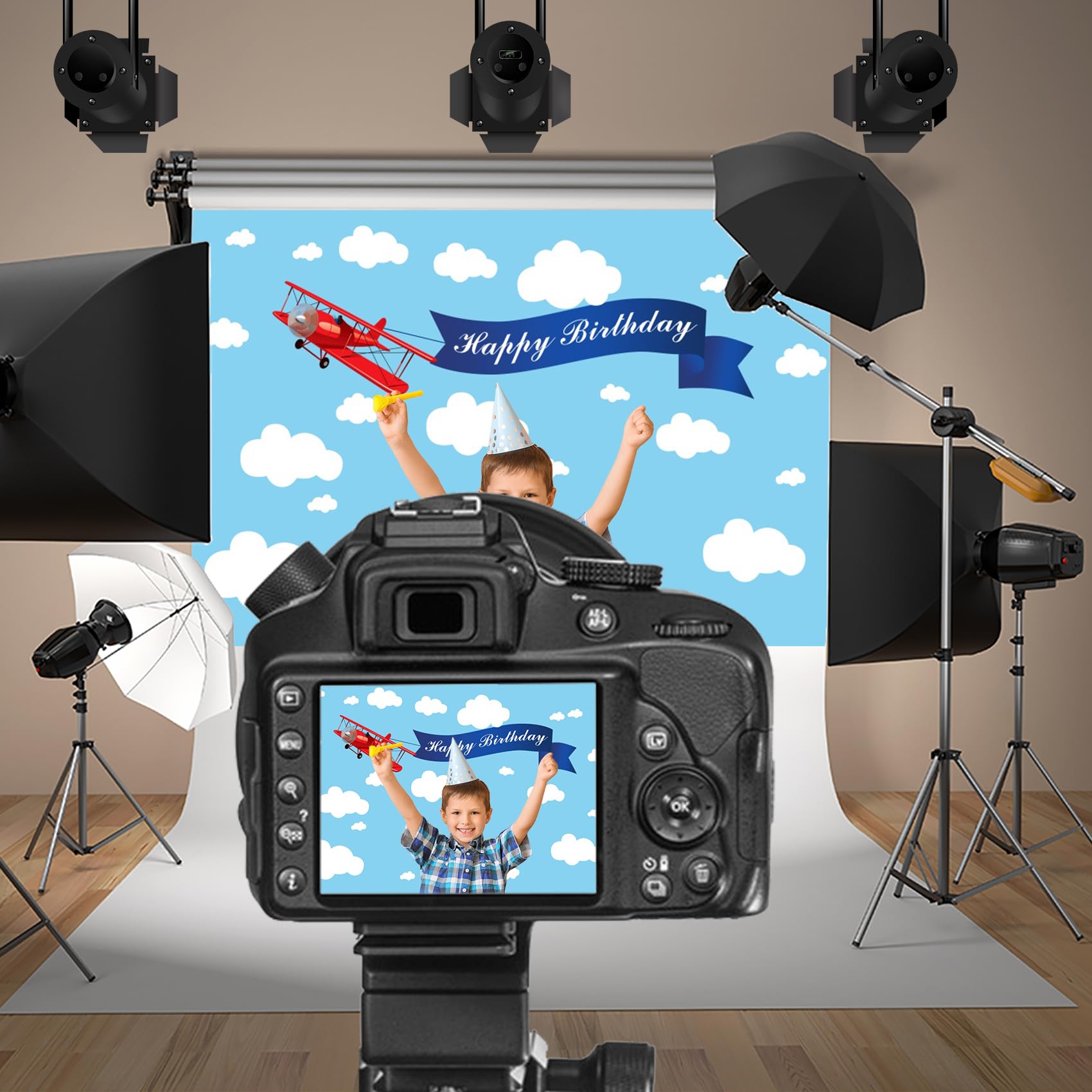 Baocicco 7X5Ft Happy Birthday Red Plane Backdrop Cartoon Plan Blue Sky White Cloud Happy Birthday Photography Background Birthday Party Backdrop Boy Girl Photo Portraits Studio Video Props Booth