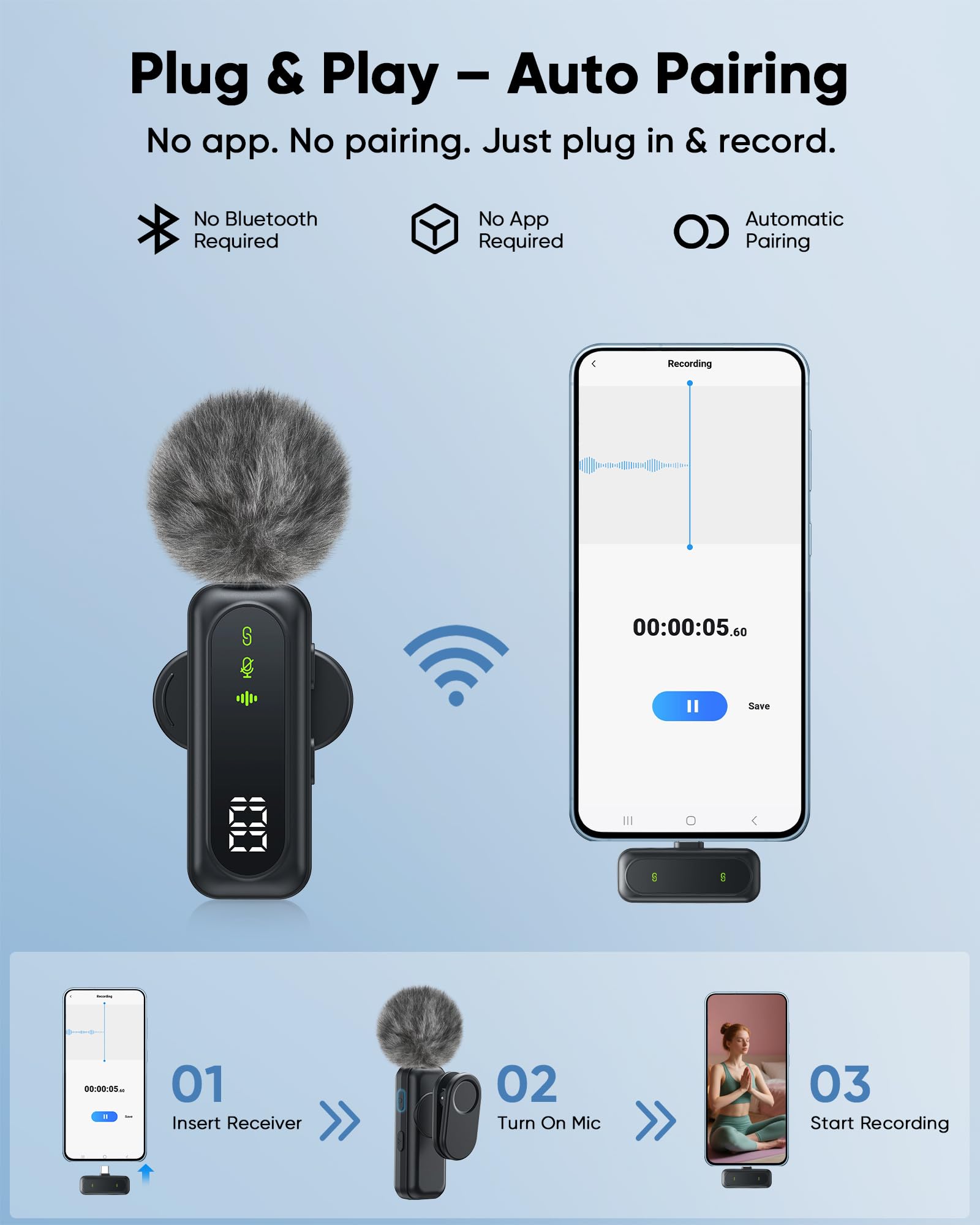 Jubolion Wireless Mini Microphone For Iphone - Magnetic Clip Mini Mic With 100% Battery Display, Noise Reduction, Plug & Play, C