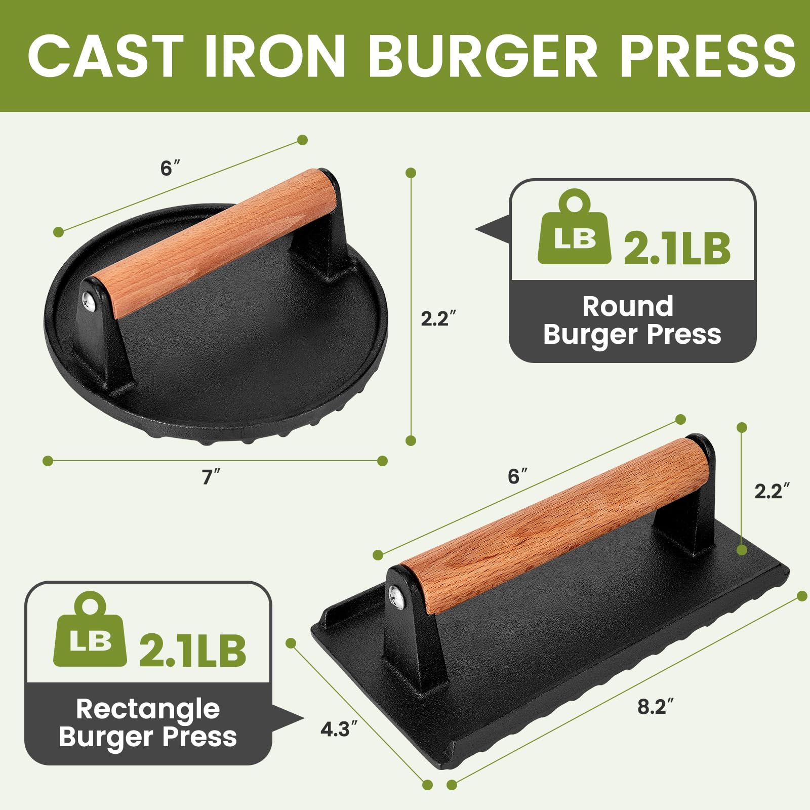 Blackstone Burger Press 7    Round Cast Iron Smash Bacon Press & 8.3   X4.3    Rectangle Cast Iron Grill Press With Wooden Handl