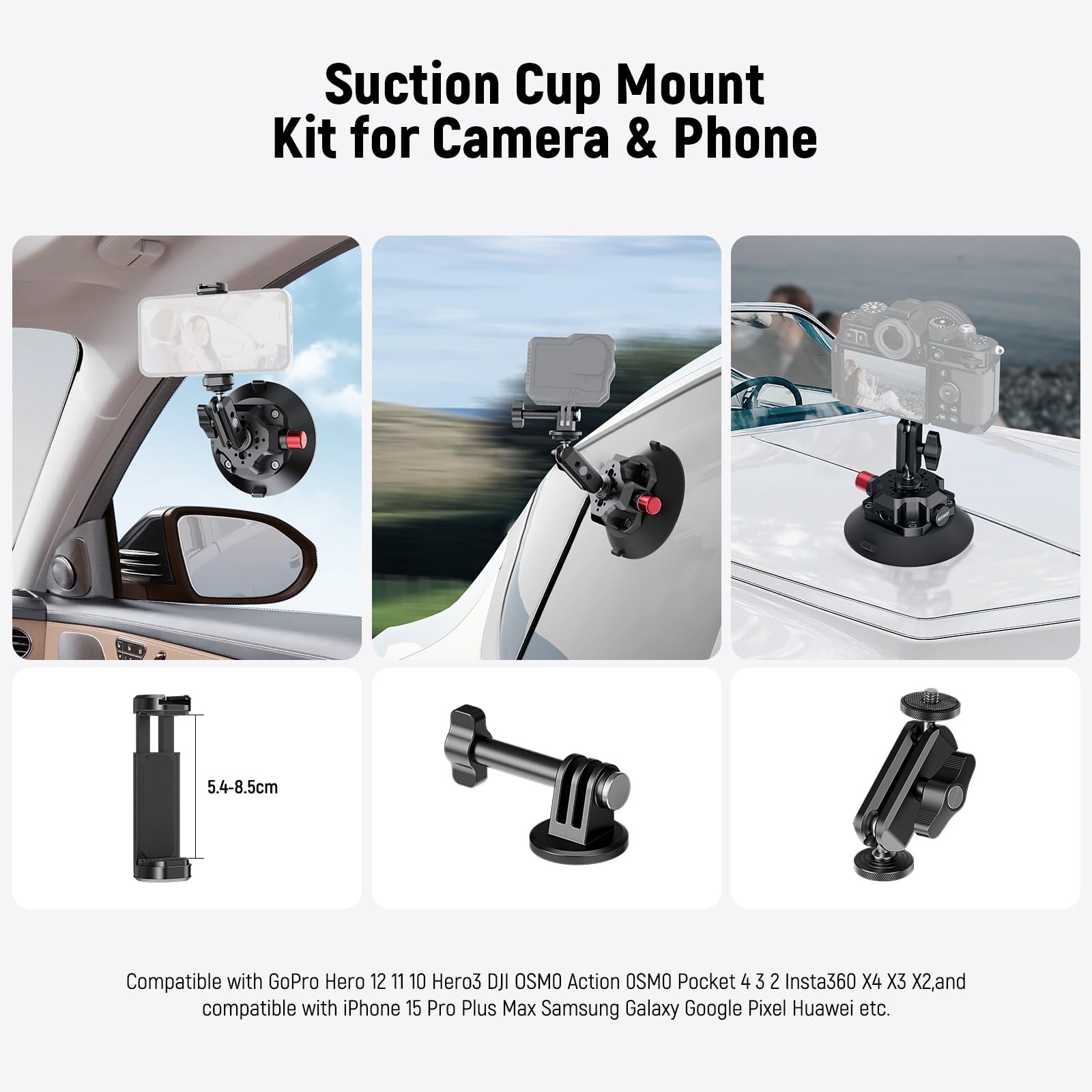 Neewer 4.5'' Suction Cup Camera Mount With Ball Head Magic Arm, 1/4'' 3/8'' Arri Holes, Quick Release Car Mount With Phone Holde