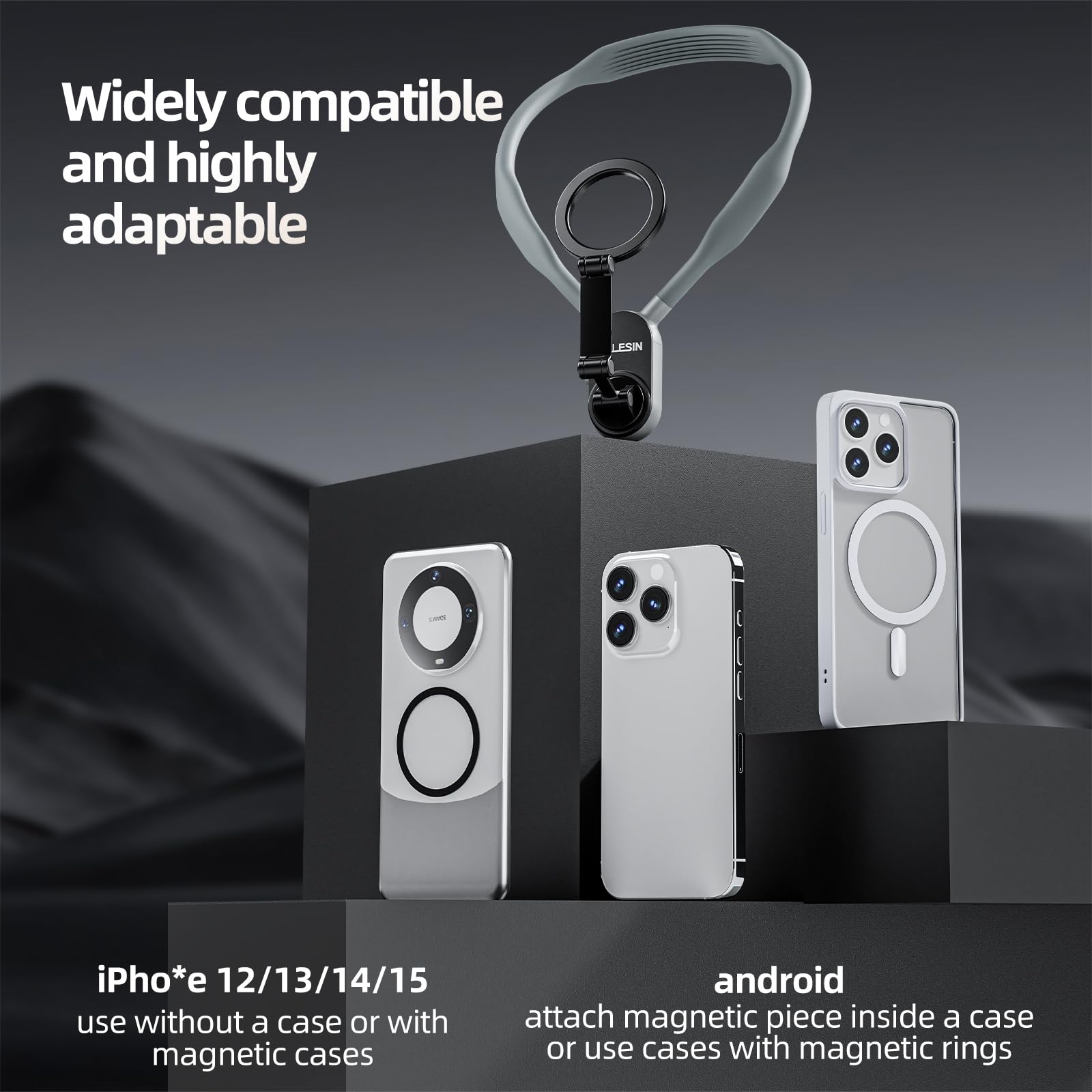 Telesin� Magnetic Neck Mount For Phones, Neck Cell Phone Holder Pov/Vlog Selfie Mount Hand Free Phone Neck Holder Chest Stand Strap Video Recording For Iphone 16 15 14 13 12 Seires Android Phones Gray