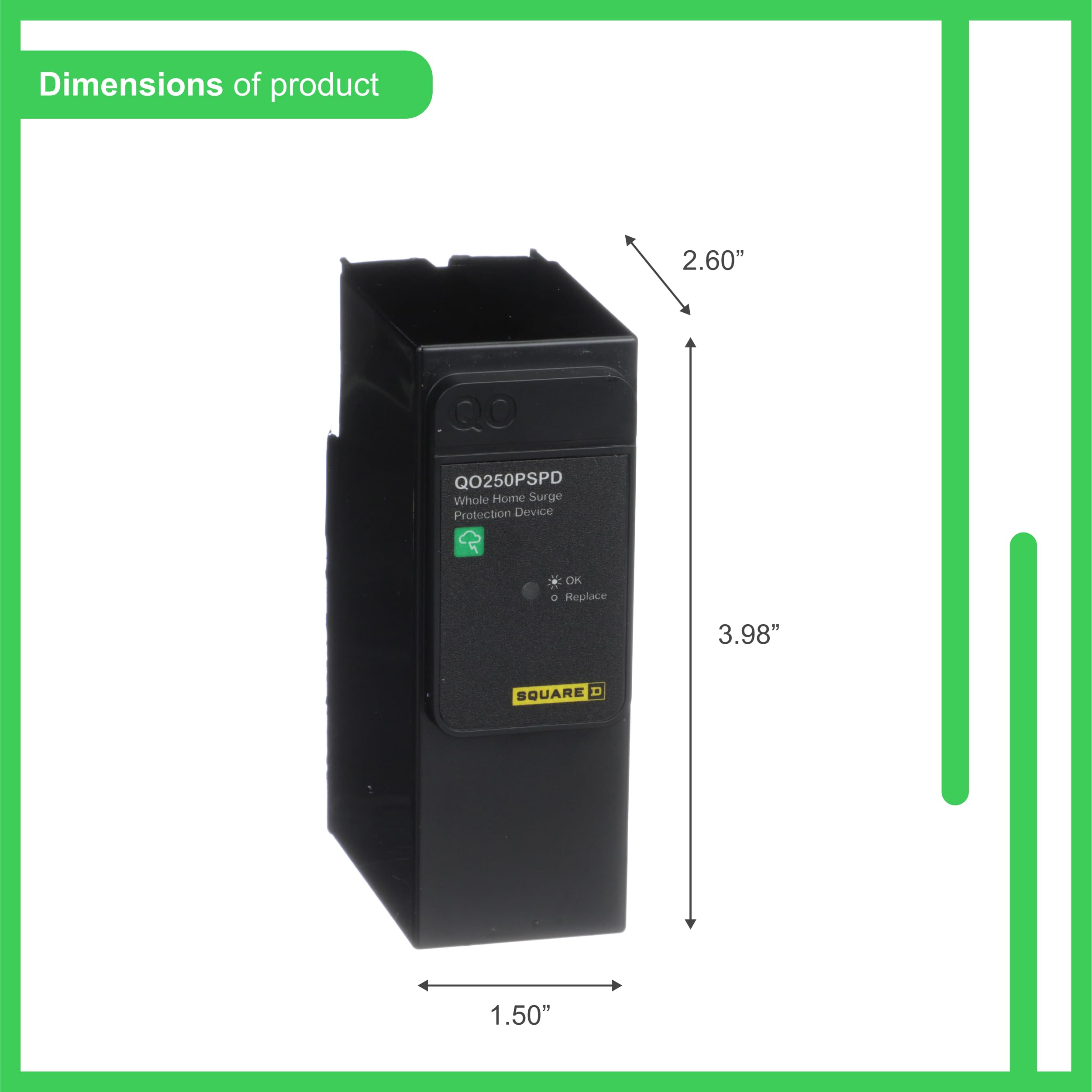 Square D QO Whole House Surge Protection Device, 50kA, 120/240V, 1-Phase, Model QO250PSPD, Plug-On Neutral, Black