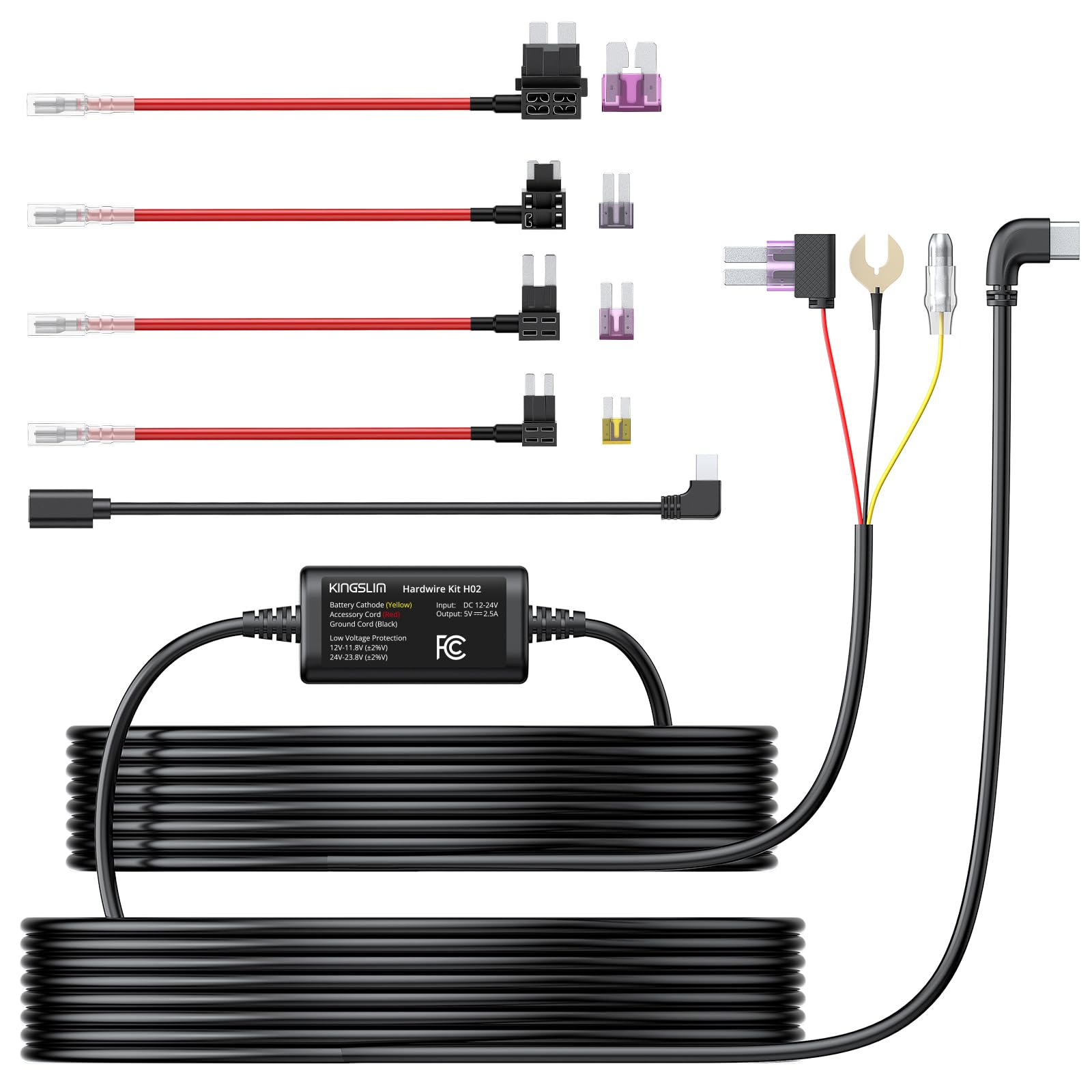 Kingslim H02 Dash Cam Hardwire Kit 11.5Ft, Type C/Mini Usb 2 In 1 For Dash Camera, Converts 12V 24V To 5V/2.5A Low Voltage Prote