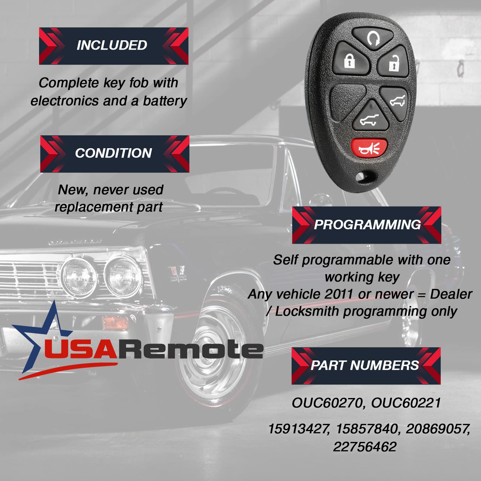 Ignition Key + Key Fob Keyless Entry Remote Fits 2007-2014 Chevy Tahoe Suburban / 2007-2014 Cadillac Escalade / 2007-2014 Gmc Yu