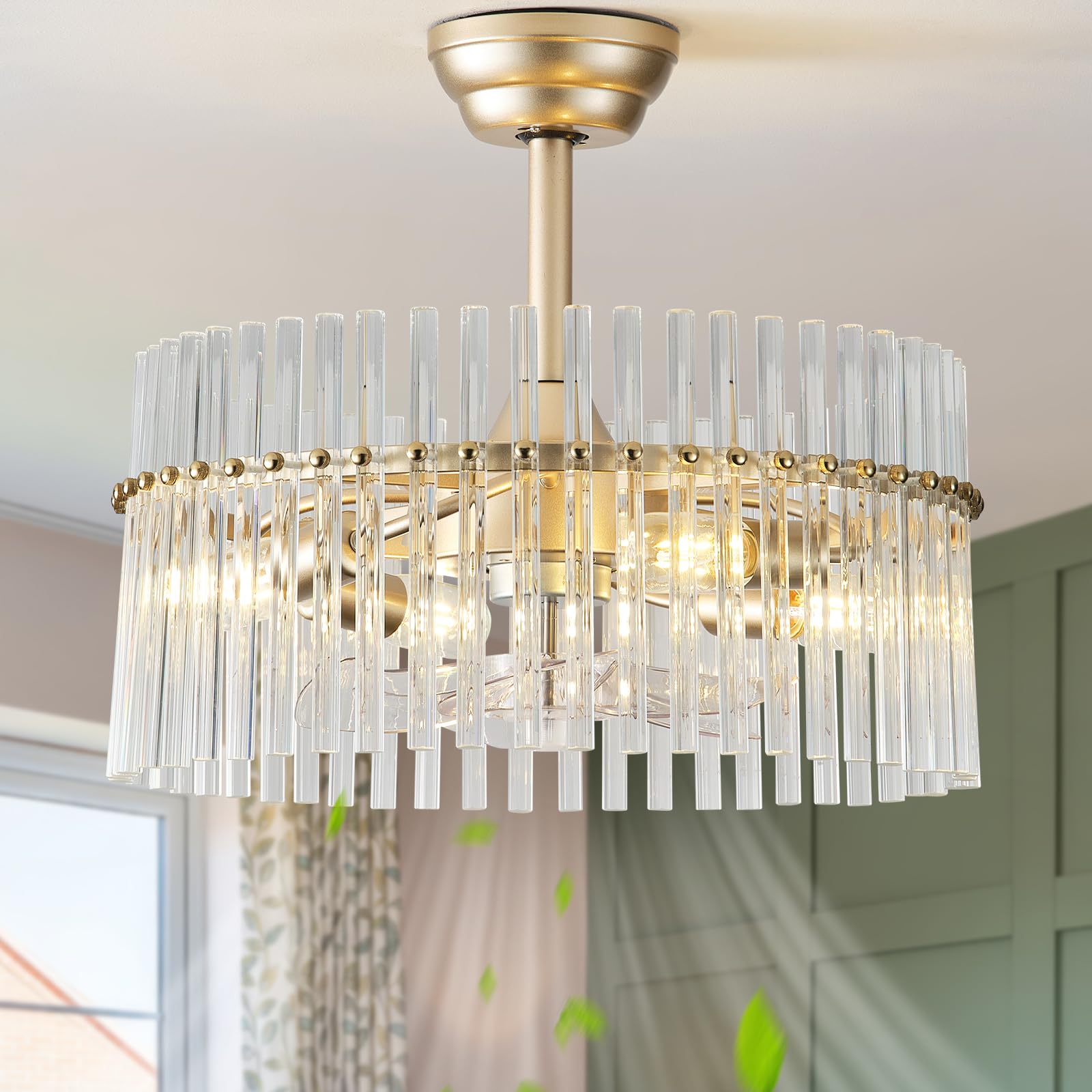 SYDACG 20 Gold and Clear Crystal Fandelier Ceiling Fan with Light, Mid-Century Chandelier Ceiling Fan with Light Remote Control,