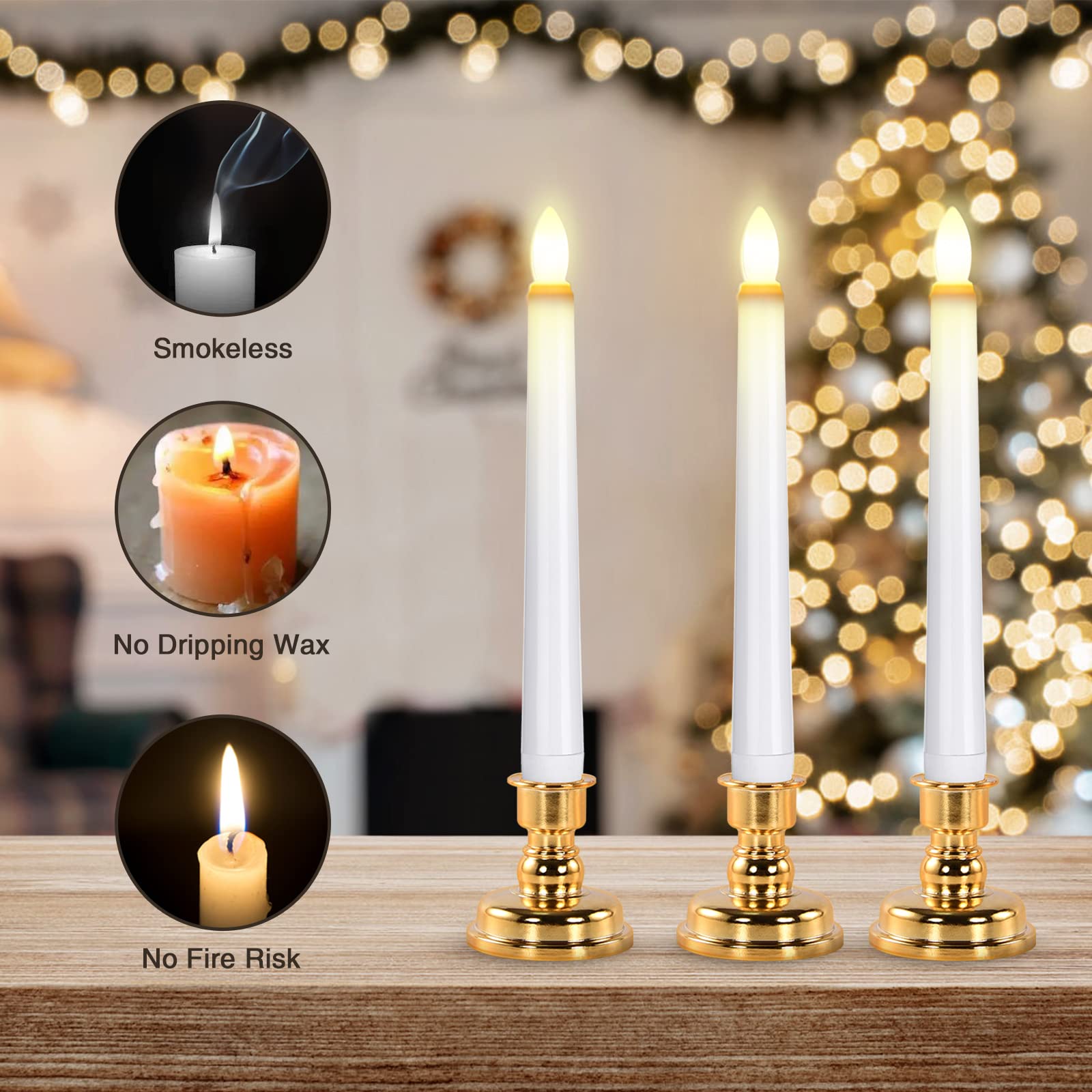 Josu Taper Candles Battery Operated: 4Pcs Flameless Candles With Remote Control   3D Wick Led Candles Flickering +4 Gold Candles