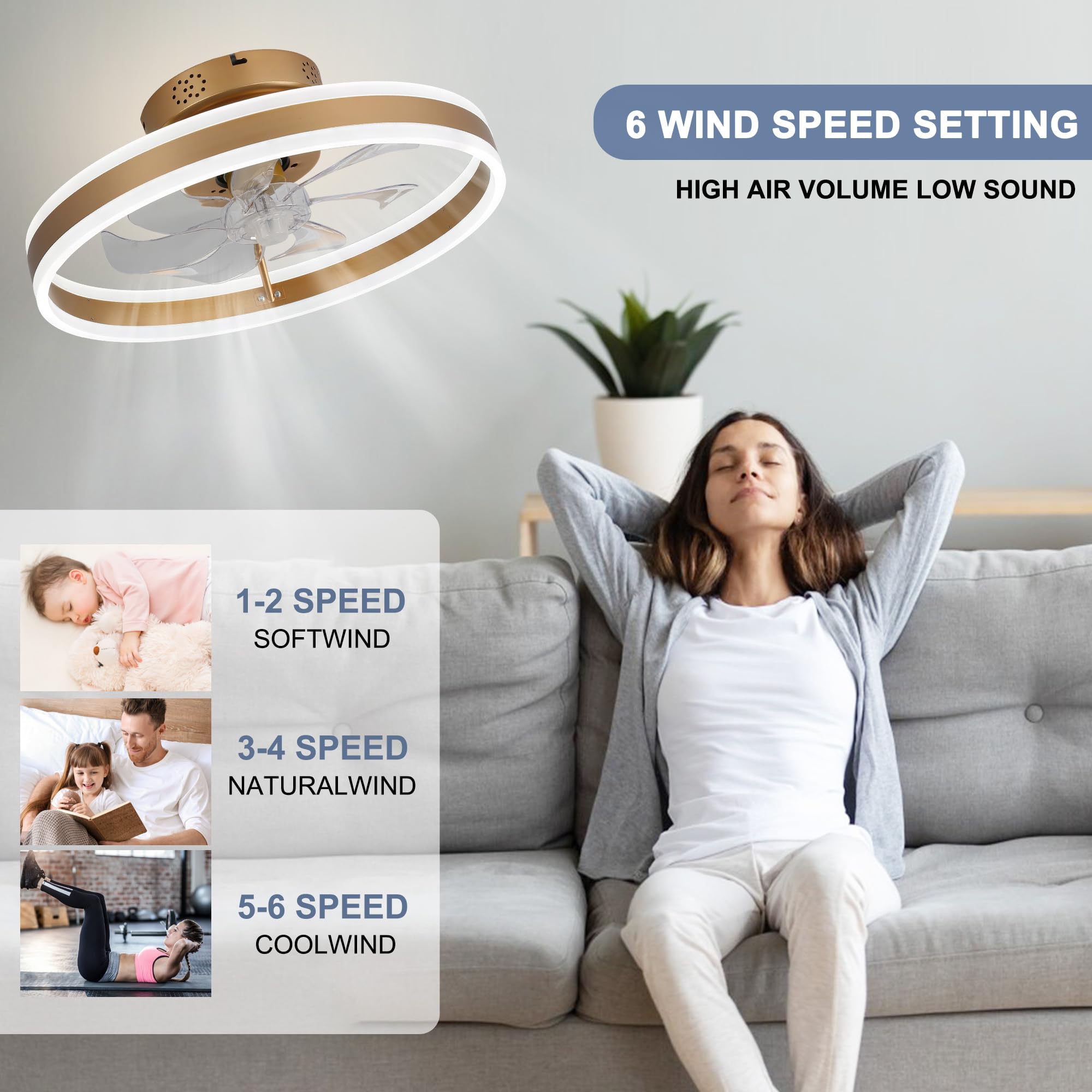 20 Inch Low Profile Ceiling Fan With Light ,Modern Round Led Low Profile Fan With Remote Control And App,Reversible Blades,3 Col