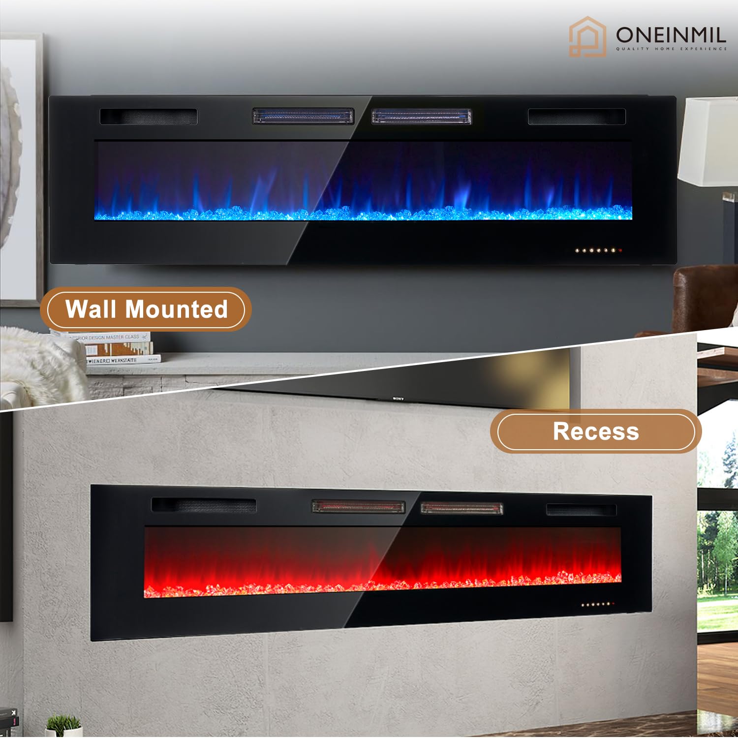 Oneinmil Electric Fireplace, 68 Inch Wide Recessed/Wall Mounted Electric Fireplace, Remote Control With Timer 12 Adjustable Colo
