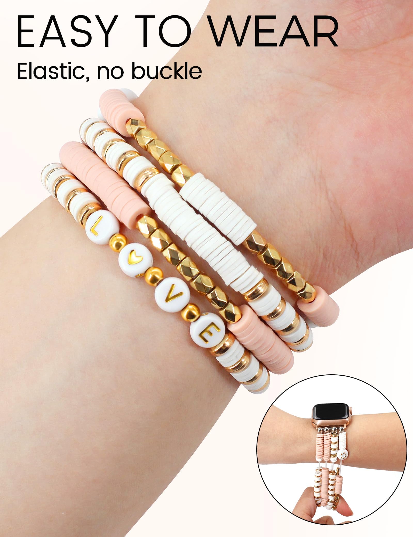 Jr.Dm Beaded Bracelet Compatible With Apple Watch 40Mm 38Mm 41Mm 42Mm 44Mm 45Mm 46Mm For Women, Cute Stretchy Gold Bead Handmade