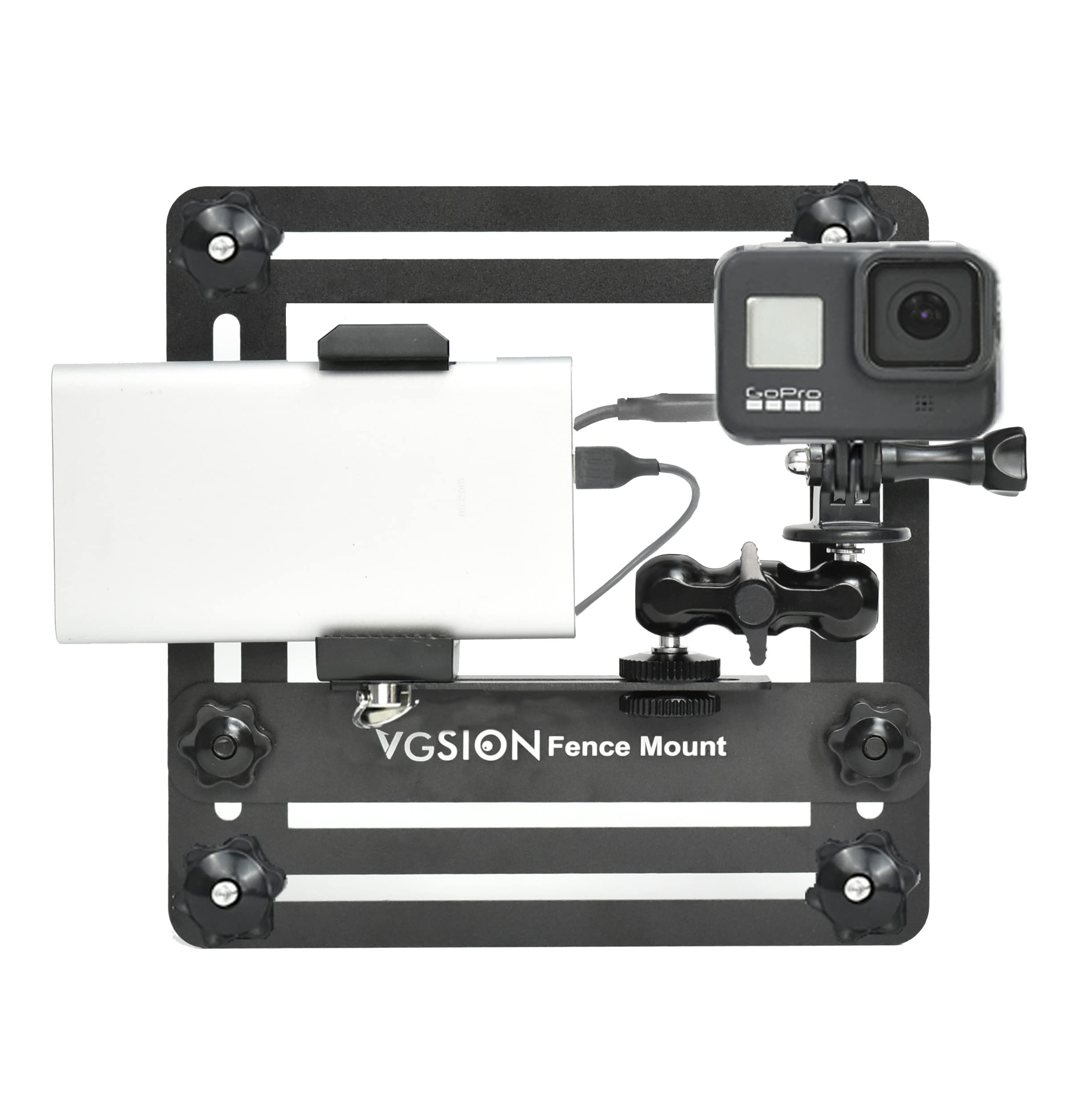 Vgsion Cell Phone Fence Mount For Iphone Baseball Camera Fence Mount For Gopro Hero 12/11/10 Angle Adjustable Support Power Bank