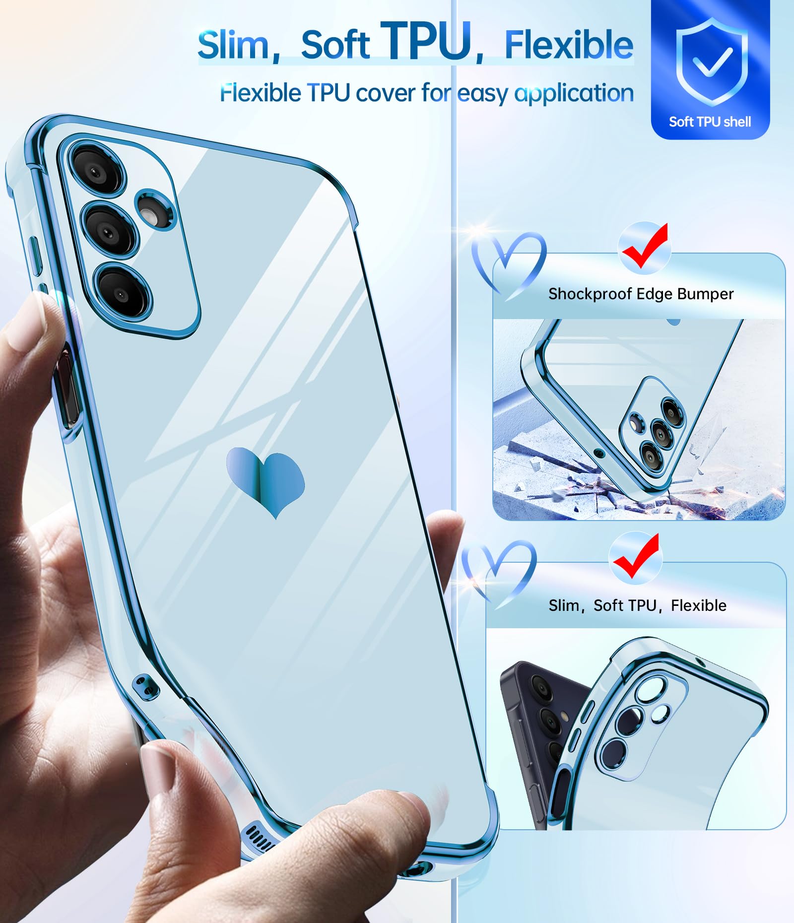 Leyi For Samsung Galaxy A15 5G Case: With Tempered Glass Screen Protector [2 Pcs]+ Full Camera Lens Protection, Love Heart Plati