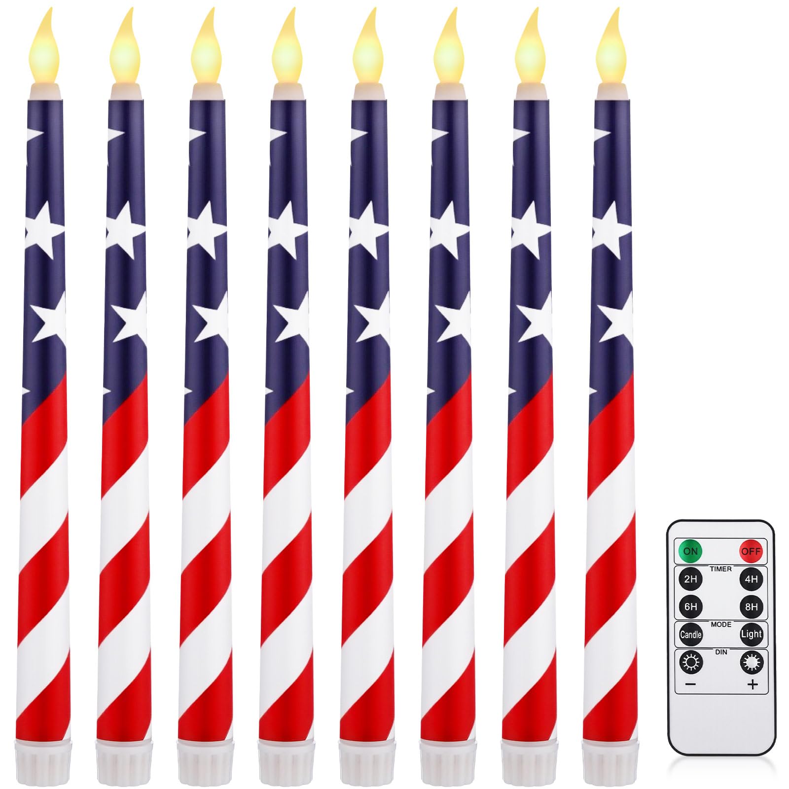 Aurelema 8 Pcs Patriotic Candles Flameless Taper Candles with Remote & Timer 4th of July American Flag Flameless Candlesticks Fl