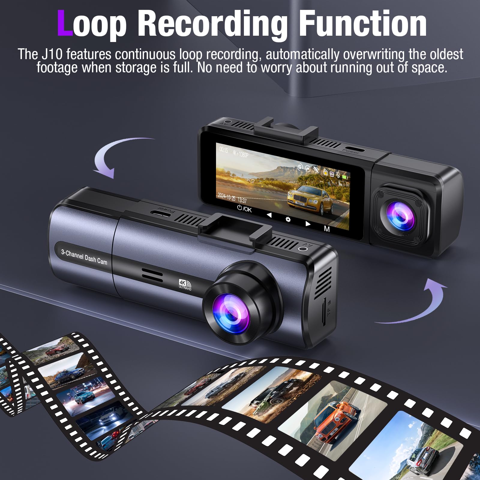 3 Channel 4K Dash Cam With 5Ghz Wifi & App Control, 4K/2.5K+1080P+1080P Front Inside And Rear, Triple Dash Camera With 64Gb Card