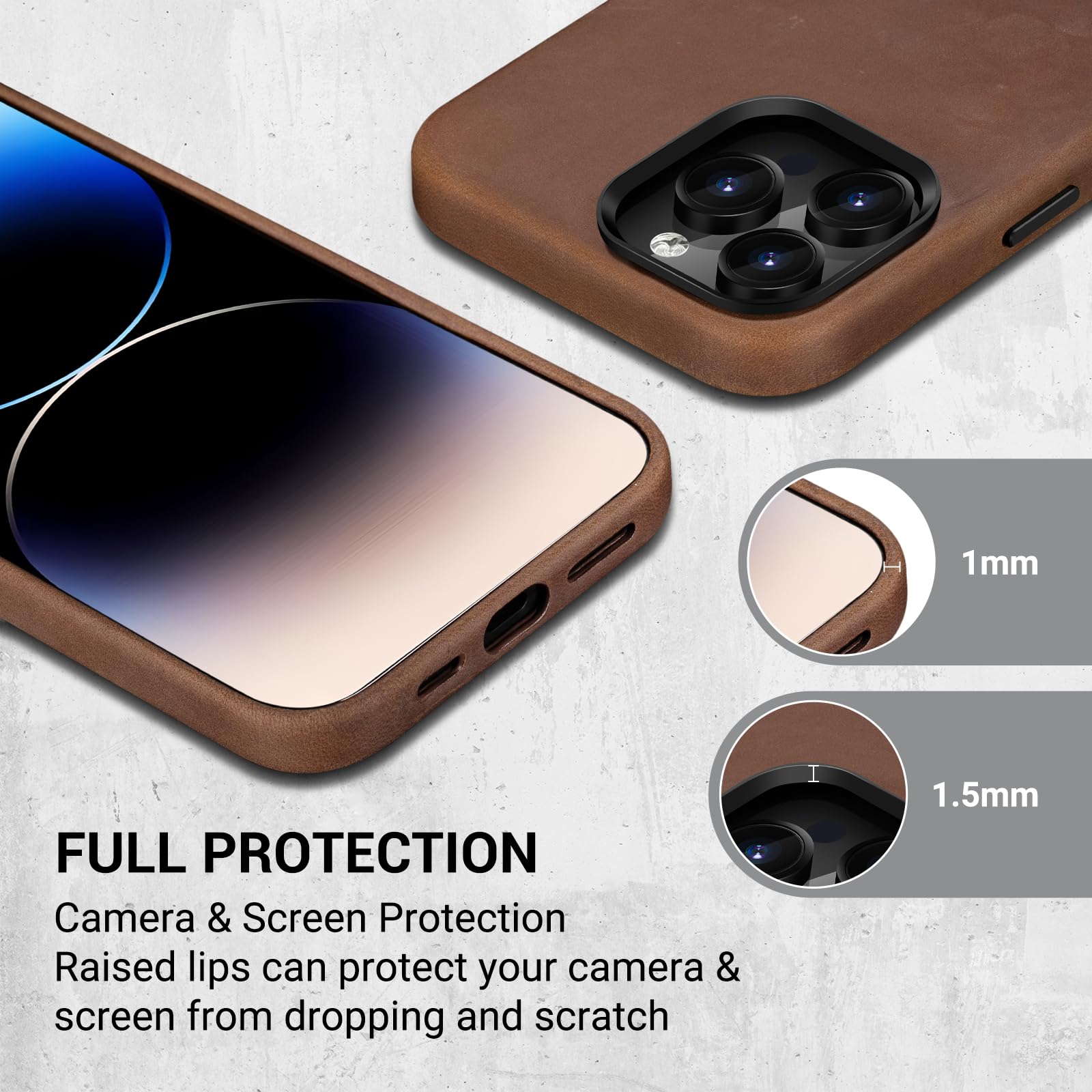 Belemay Compatible With Iphone 14 Pro Leather Case Magsafe   Top Grain Vintage Crazy Horse Leather   Metal Buttons & Camera Beze