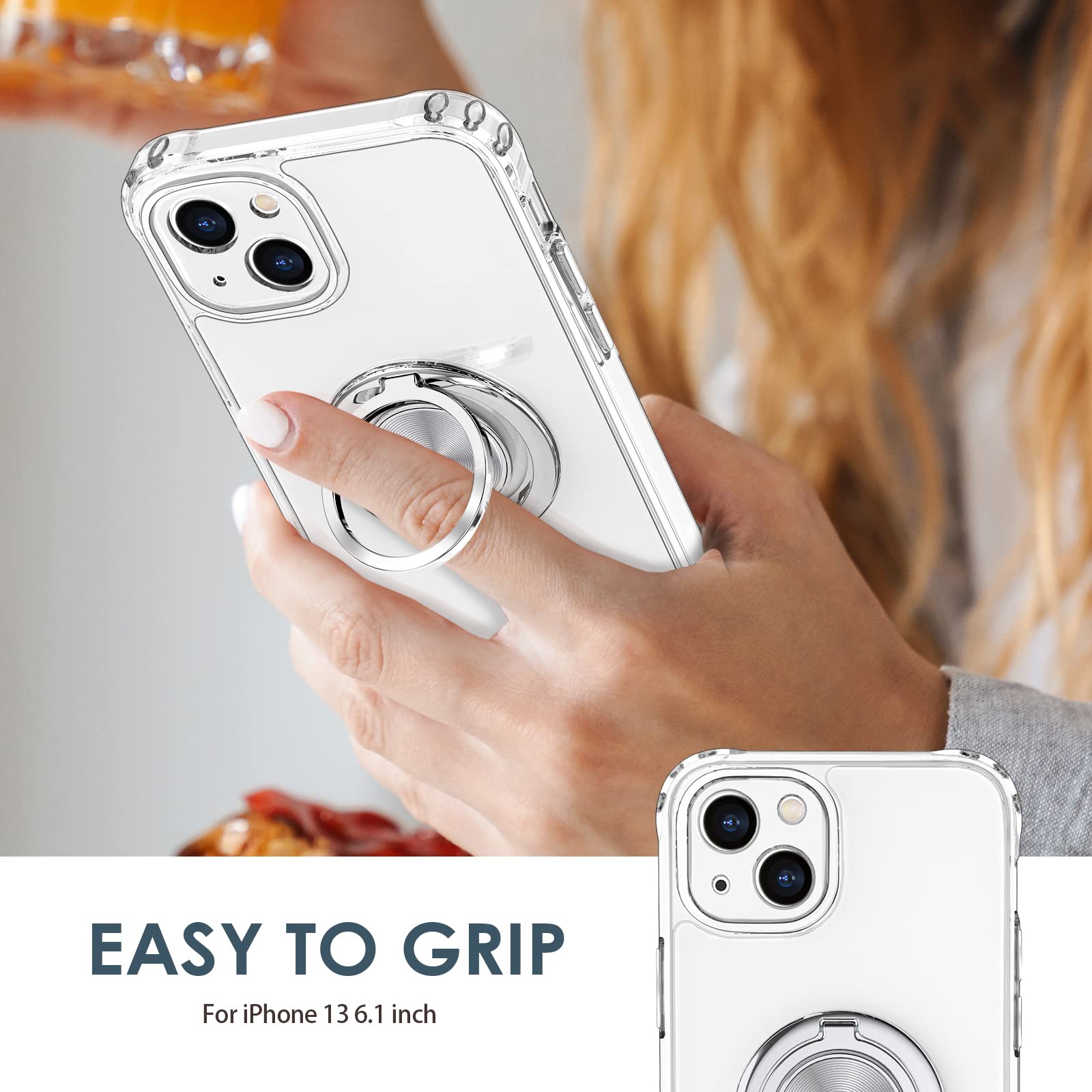 Hython For Iphone 13 Case With Ring Stand [360Rotatable Ring Holder Magnetic Kickstand] [Support Car Mount] Transparent Hard Pc