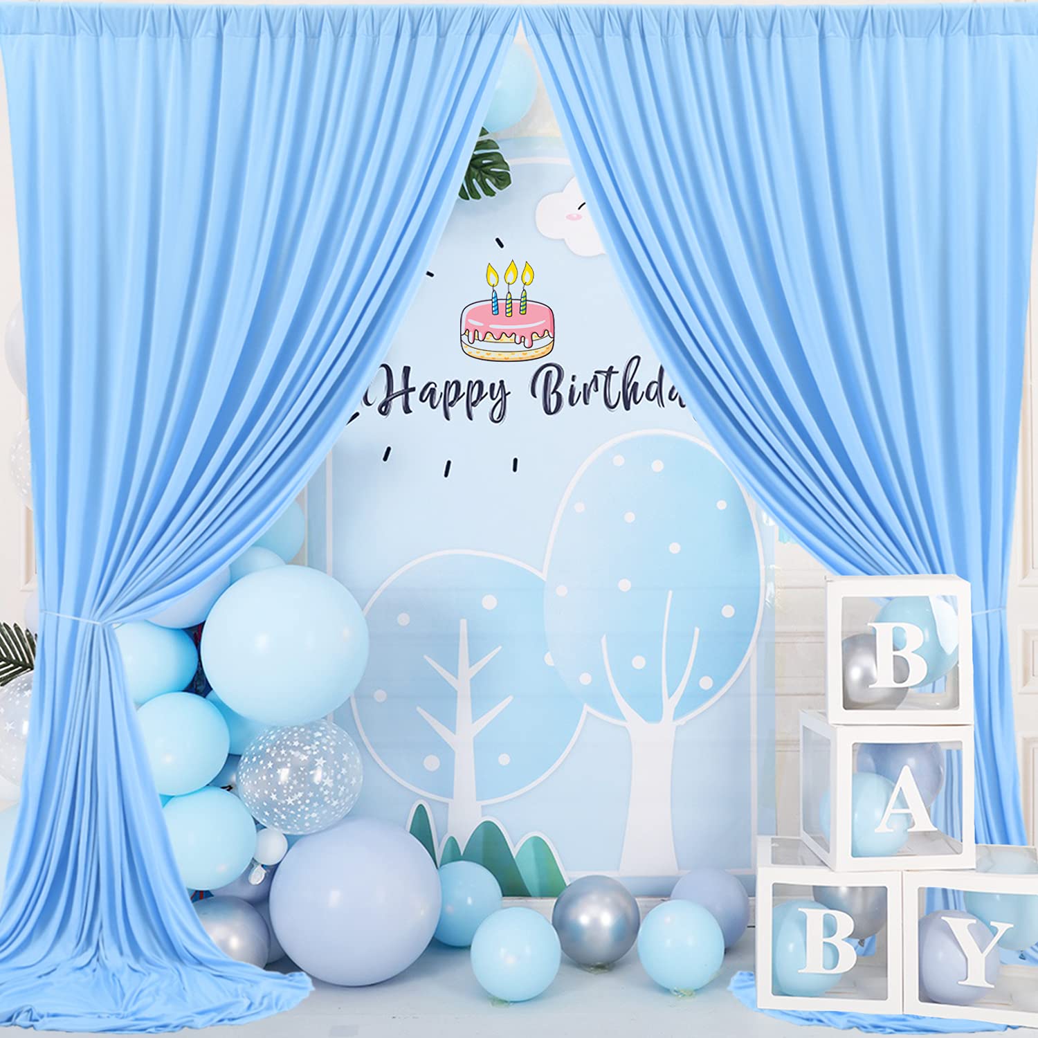 20Ft X 10Ft Baby Blue Backdrop Curtains For Parties, 4 Panels 5  10Ft Soft Silky Polyester Photo Backdrop Drapes For Weddings Bi
