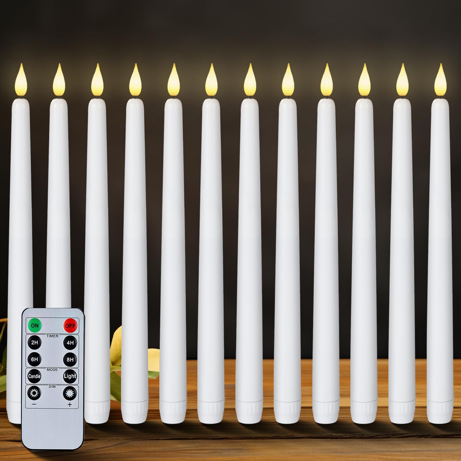 Homemory 12 Pcs Flameless Taper Candles With Remote Timer Dimmer, 11 Inches White Led Taper Candles, Plastic Battery Operated Ca
