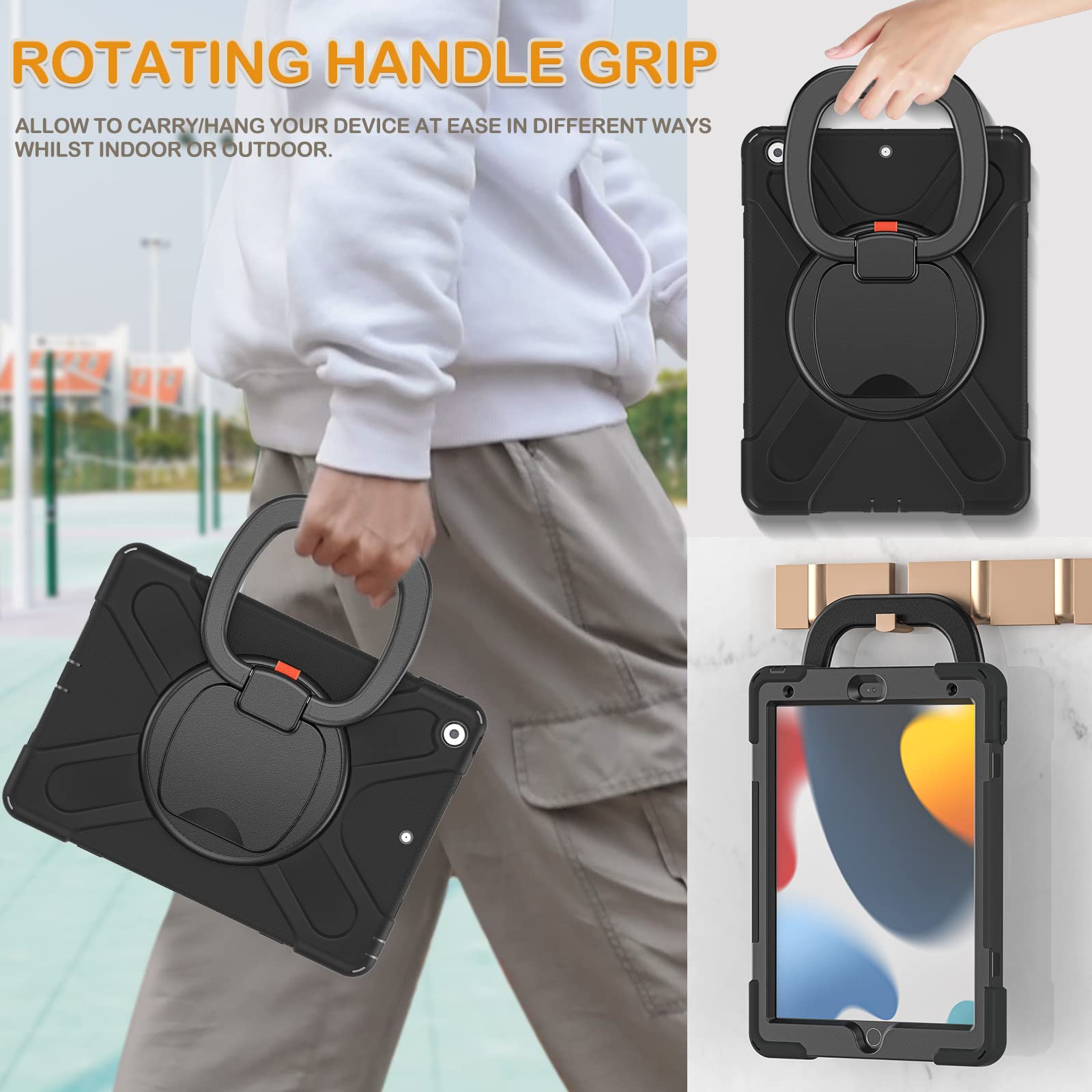 Braecn Case For Ipad 9Th Generation 2021 10.2 Inch Hybrid Rugged Shockproof Silicone Cover With Kickstand, Pencil Holder, Handle