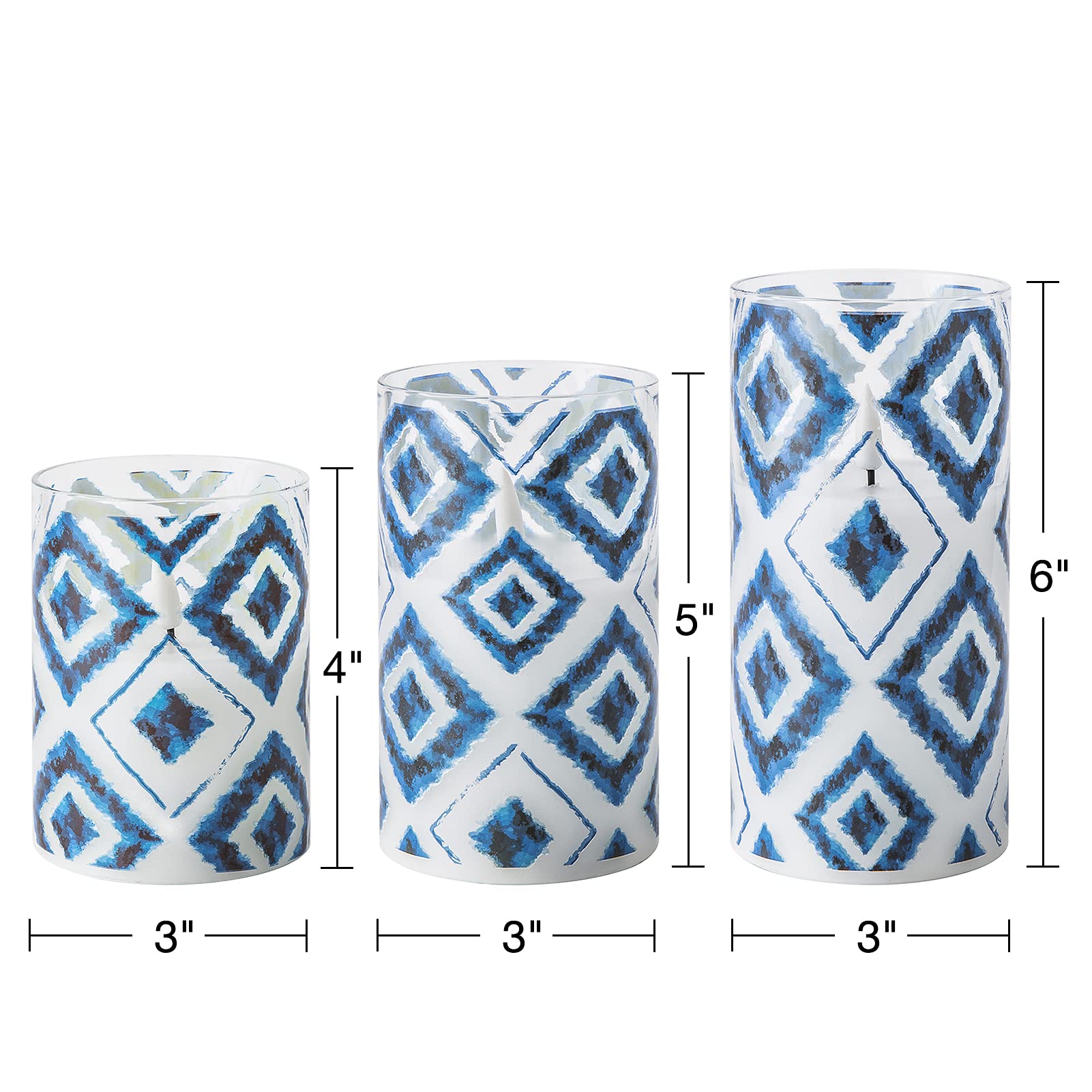 Eywamage Blue Geometric Flameless Candles In Glass Jars, Flickering Battery Led Pillar Candles With Remote Set Of 3