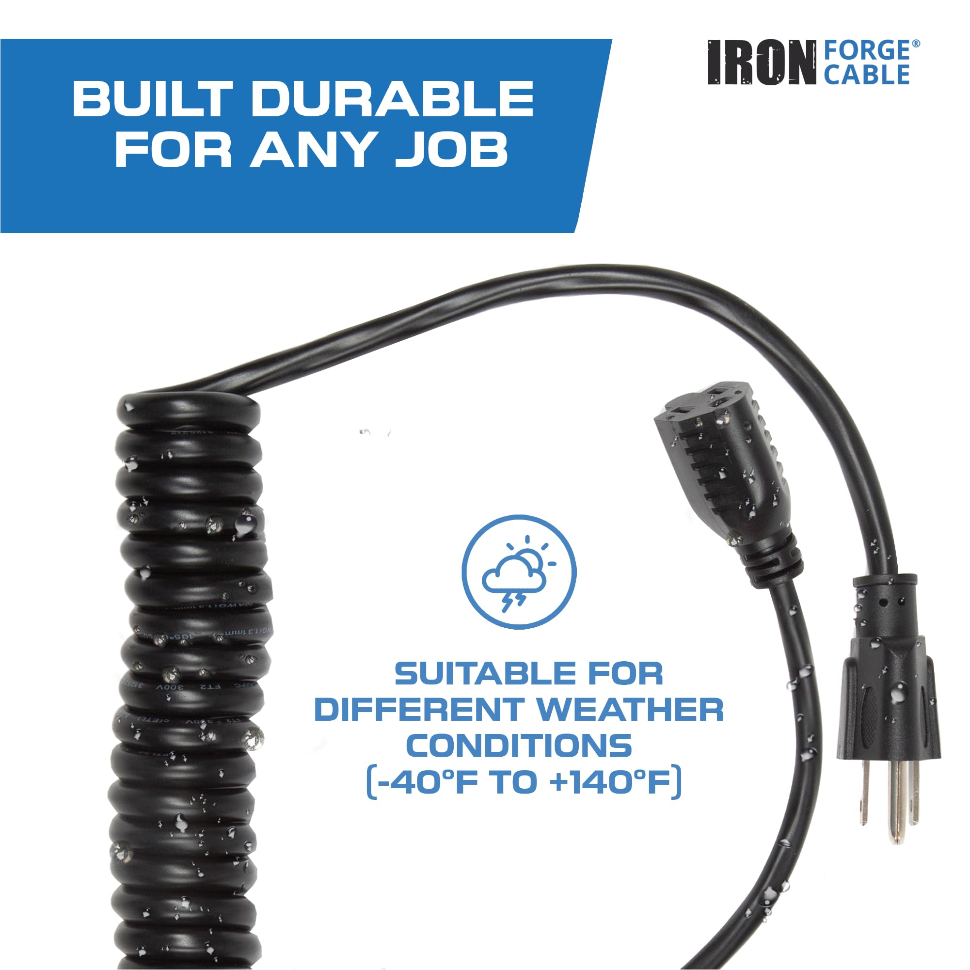 Iron Forge Cable Sjeow Black Outdoor Coiled Extension Cord 15 Ft,13 Amp Oil Resistant & Flame Retardant 3 Prong Coiled Electrica